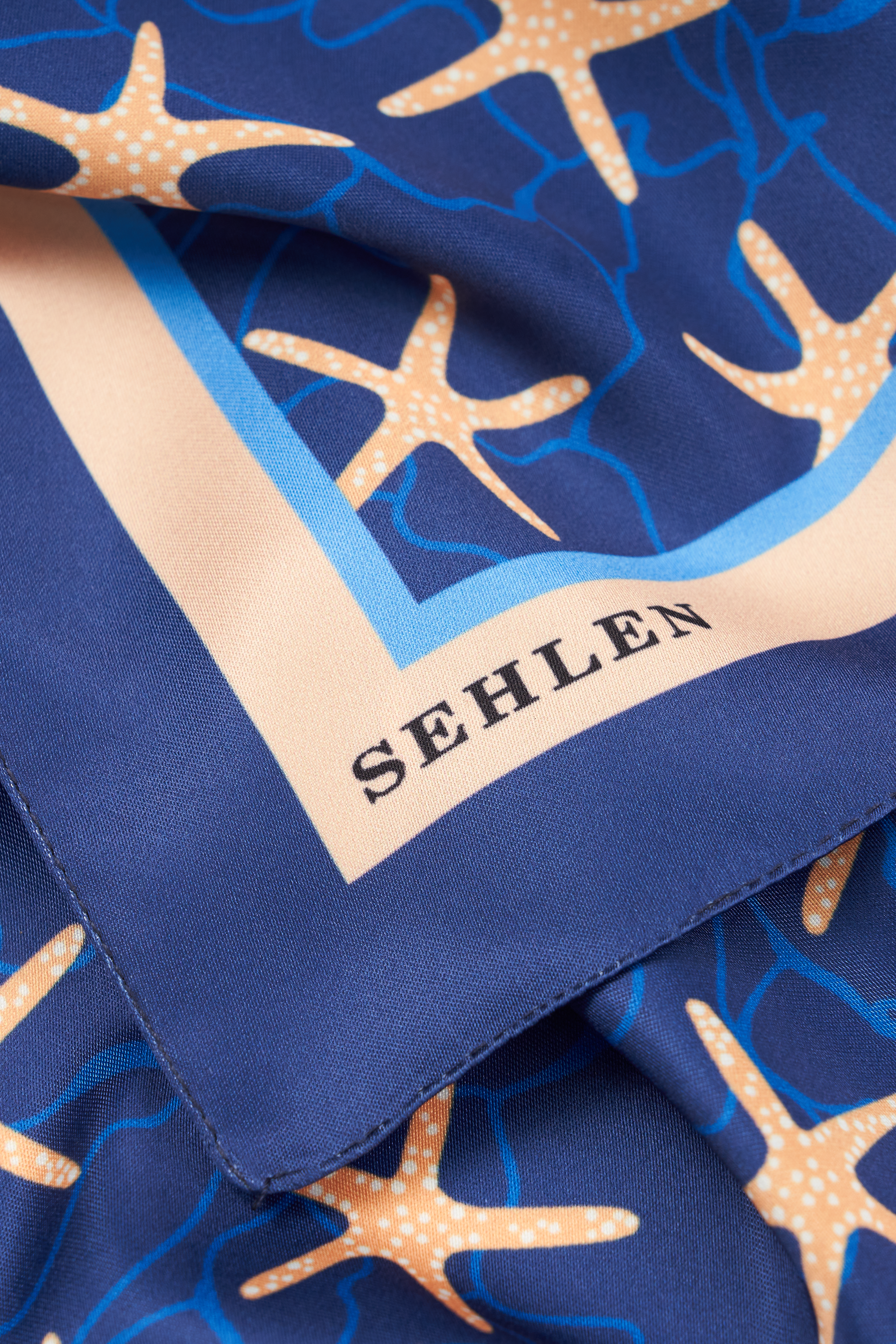 Kadın Denizyıldızı Desenli Saten Fular Bandana 56x56 cm - Lacivert