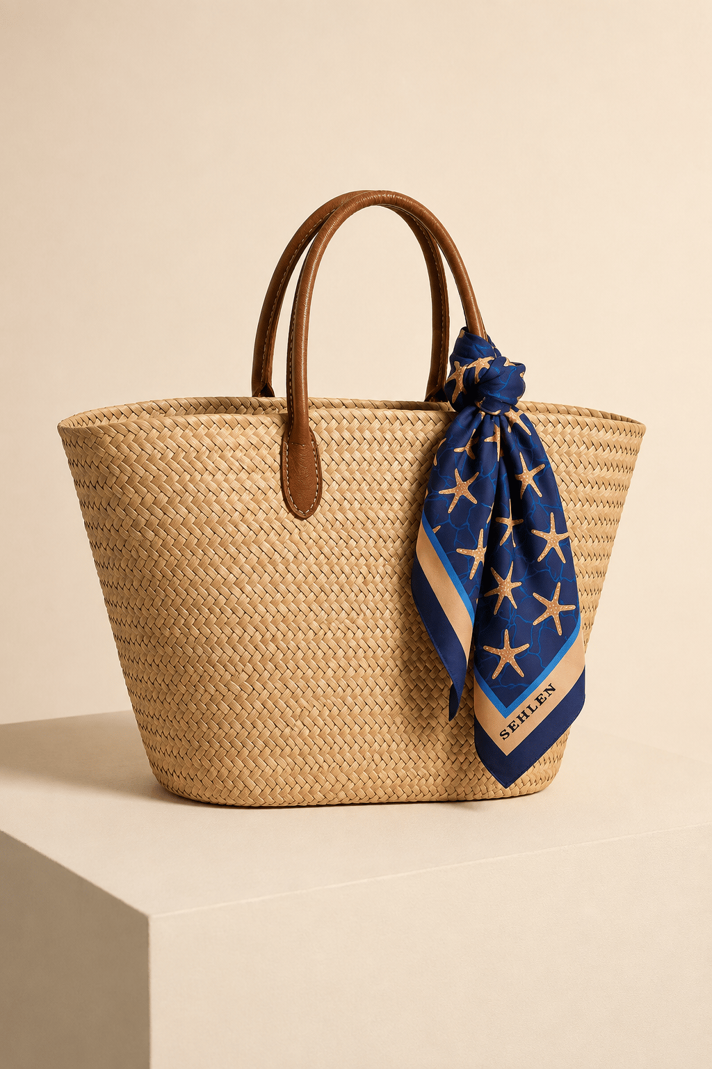 Kadın Denizyıldızı Desenli Saten Fular Bandana 56x56 cm - Lacivert