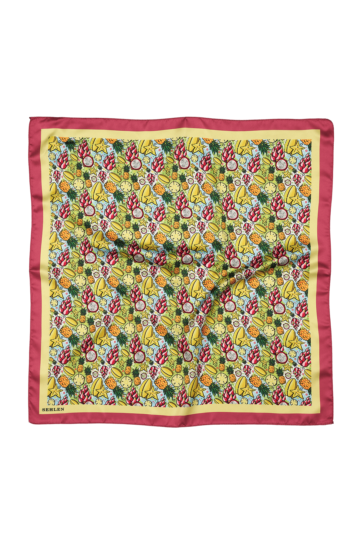 Kadın Egzotik Meyveler Desenli Saten Fular Bandana 56x56 cm - Gül Kurusu Sarı