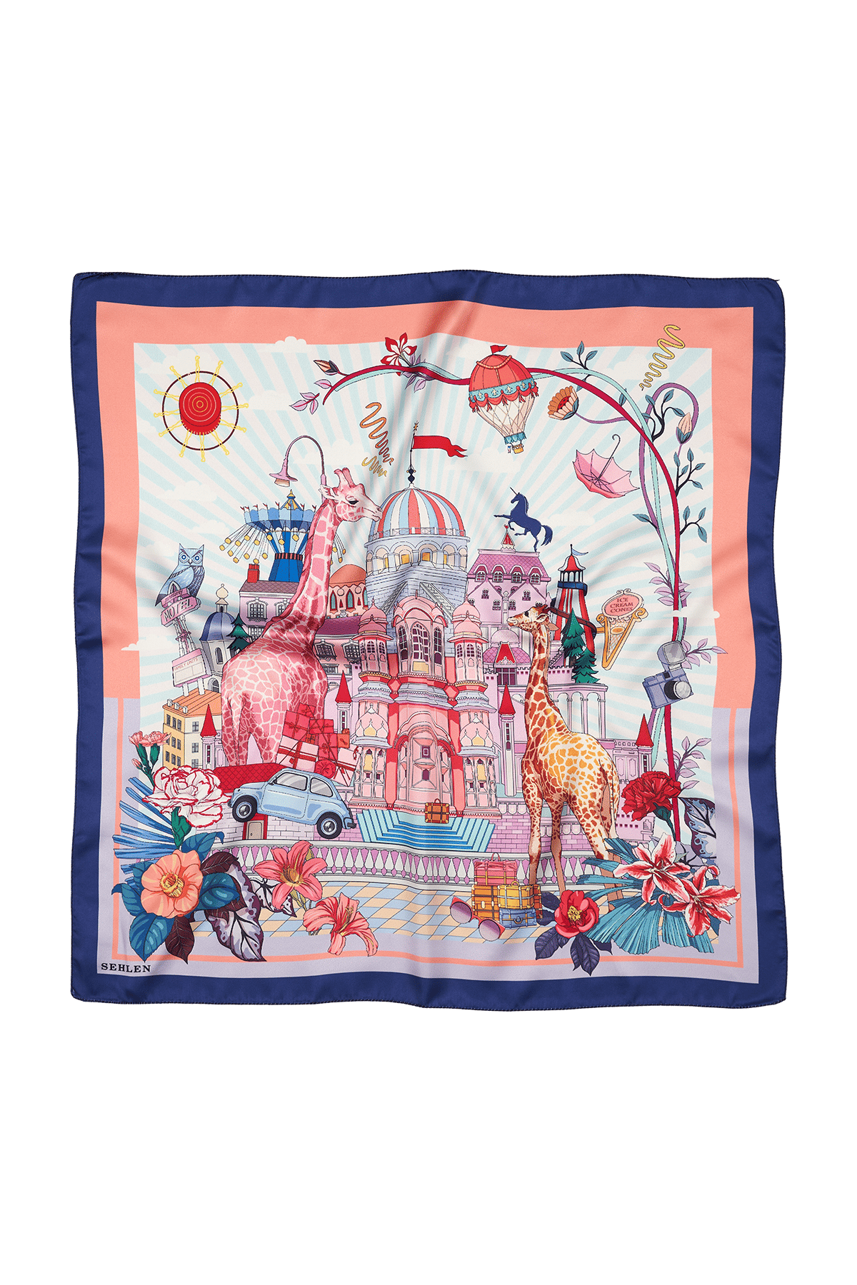 Kadın Egzotik Saray Desenli Saten Fular Bandana 56x56 cm - Koyu İndigo