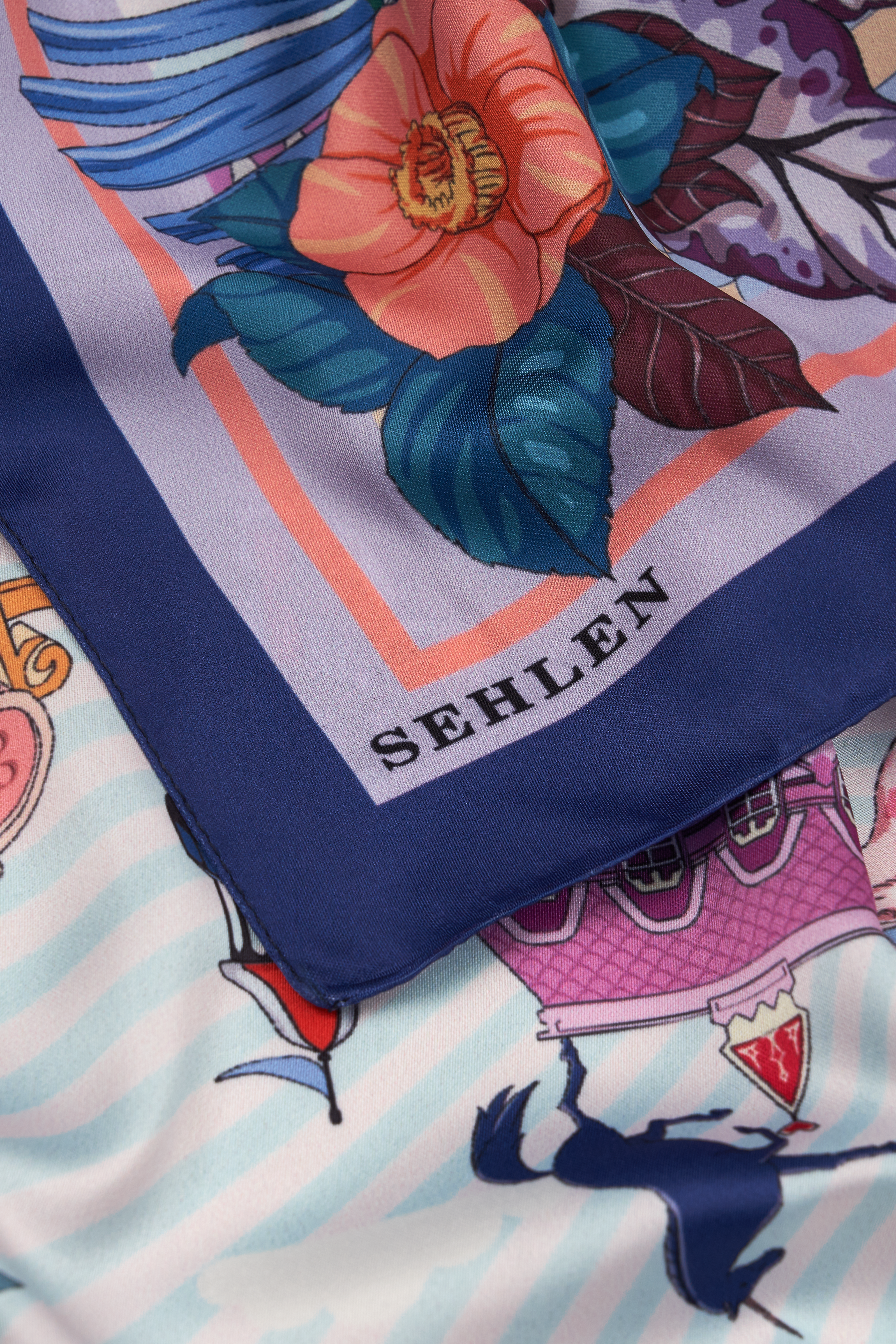 Kadın Egzotik Saray Desenli Saten Fular Bandana 56x56 cm - Koyu İndigo