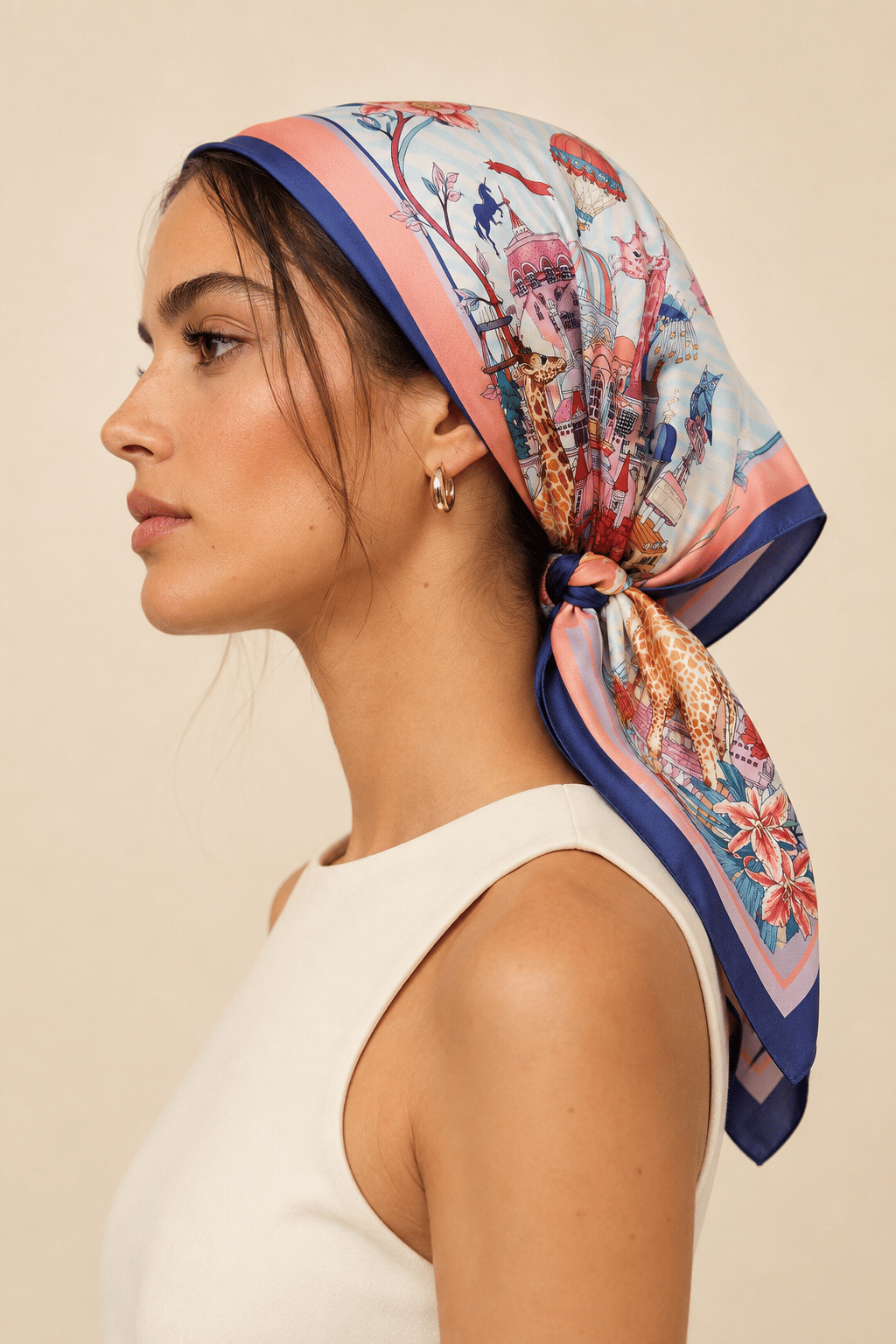 Kadın Egzotik Saray Desenli Saten Fular Bandana 56x56 cm - Koyu İndigo