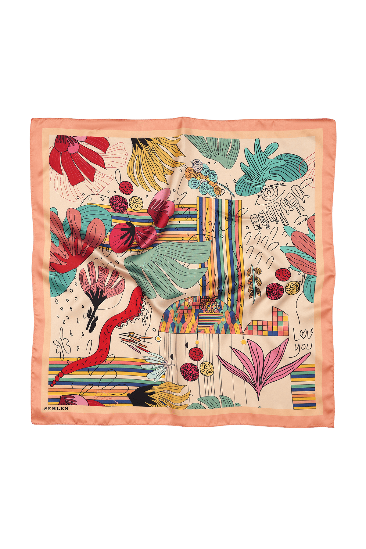 Kadın Geometrik Tropikal Yaprak Desenli Saten Fular Bandana 56x56 cm - Soğan Kabuğu