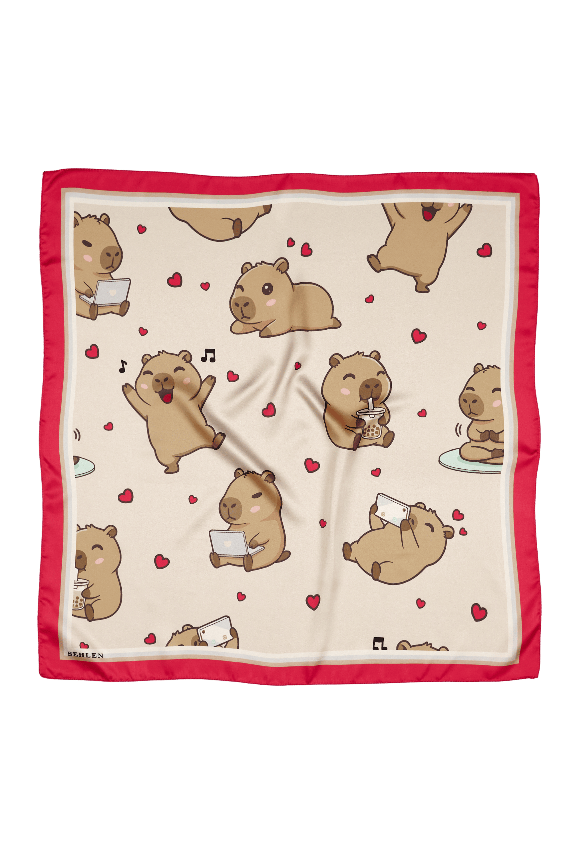 Kadın Kapibara Desenli Saten Fular Bandana 55x55 cm - Canlı Fuşya