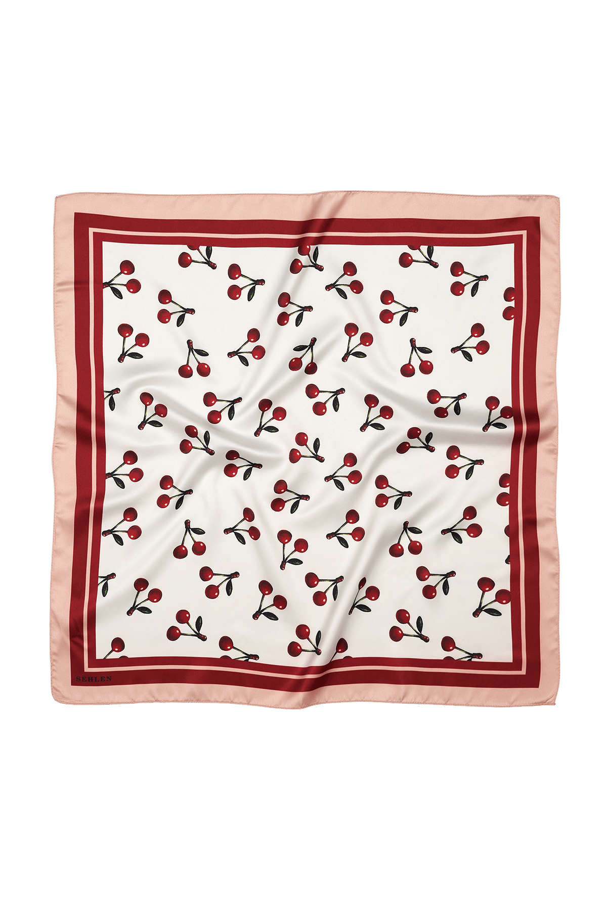 Kadın Kiraz Desenli Saten Fular Bandana 56x56 cm - Somon Bordo