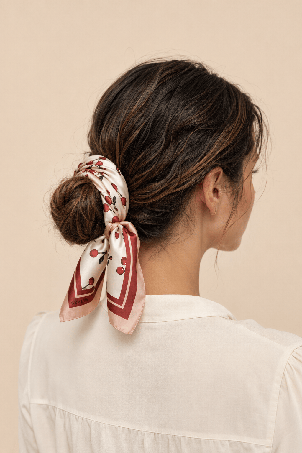 Kadın Kiraz Desenli Saten Fular Bandana 56x56 cm - Somon Bordo