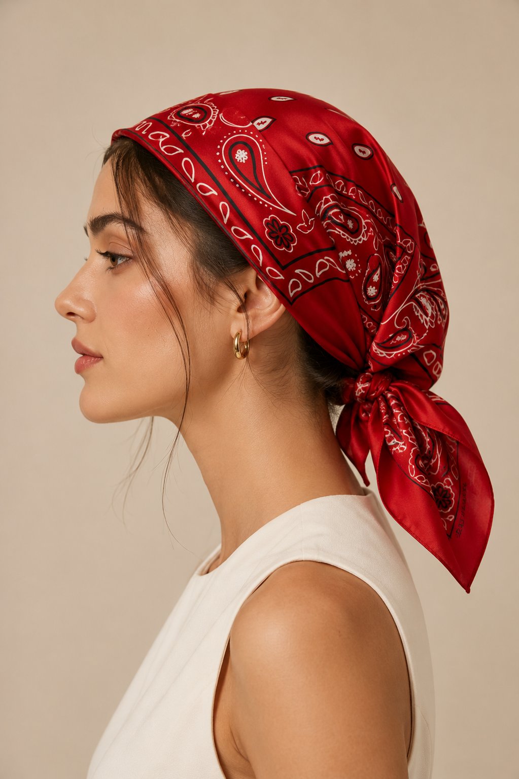 Kadın Klasik Paisley Desenli Saten Fular Bandana 56x56 cm - Canlı Kırmızı
