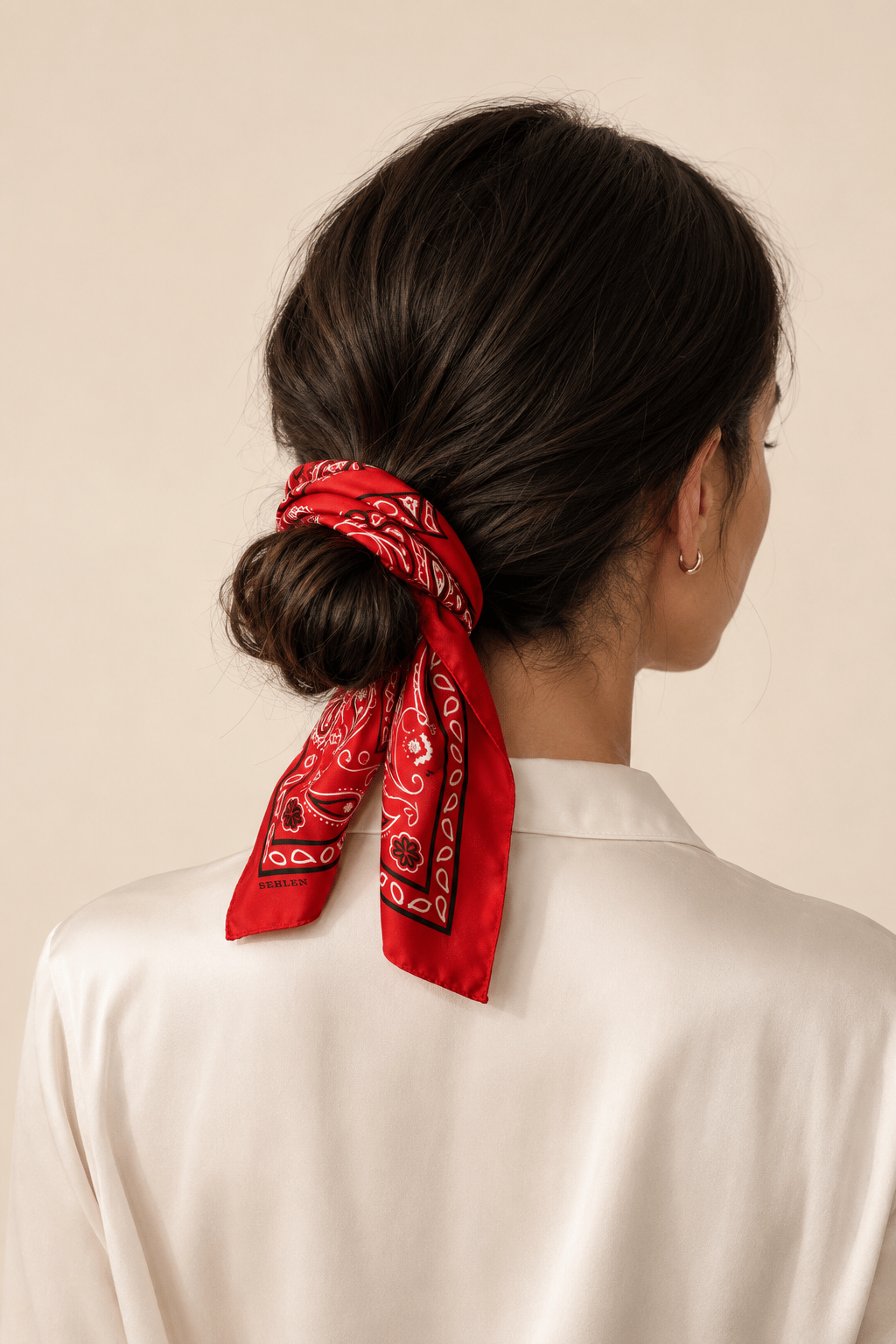 Kadın Klasik Paisley Desenli Saten Fular Bandana 56x56 cm - Canlı Kırmızı