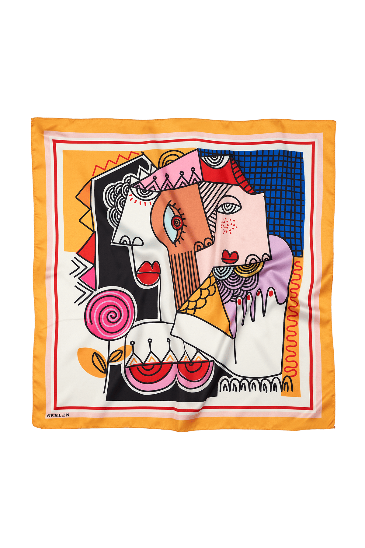 Kadın Kübist Portre Desenli Saten Fular Bandana 56x56 cm - Hardal