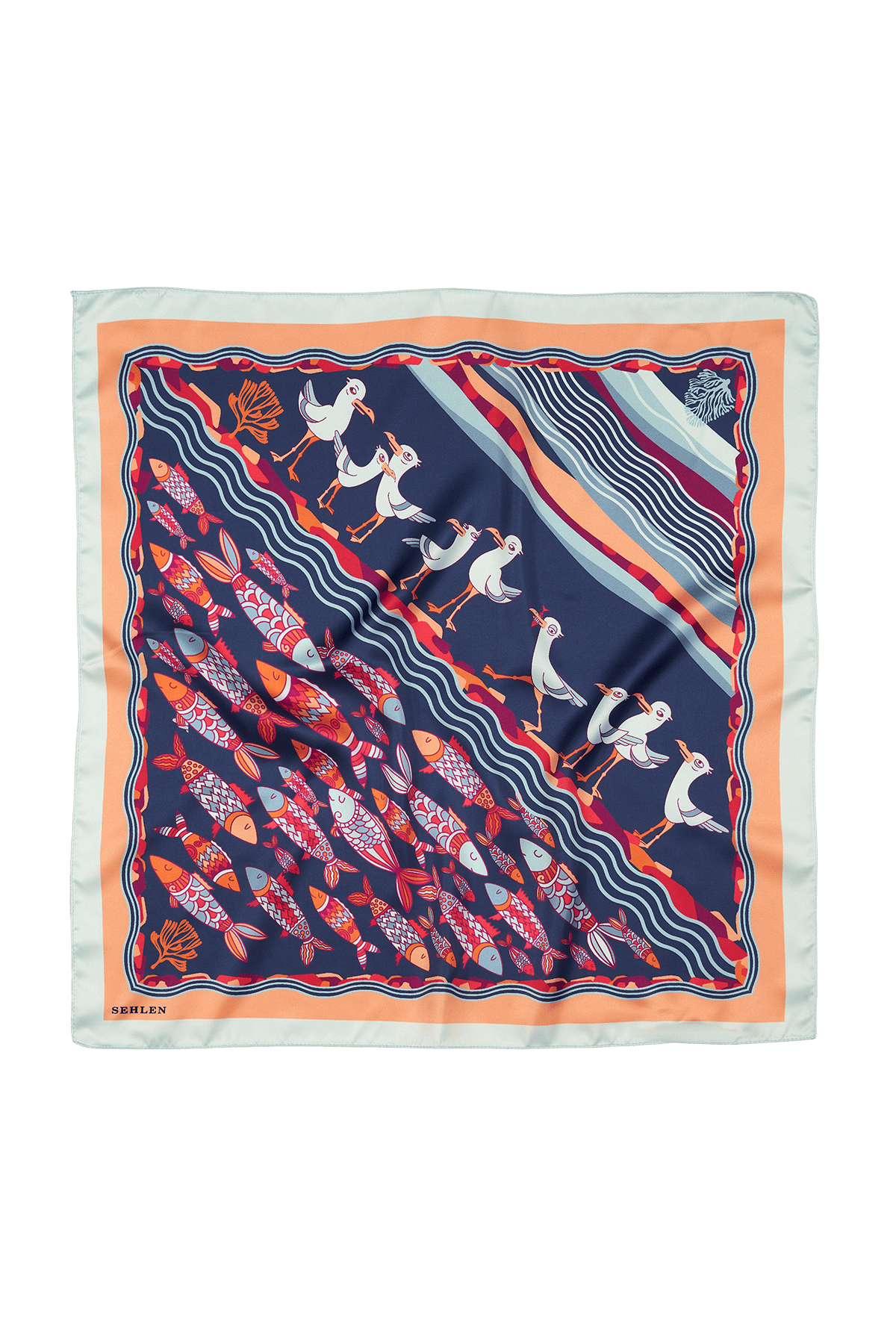 Kadın Kuşlu Dalga Desenli Saten Fular Bandana 56x56 cm - Mint Oranj