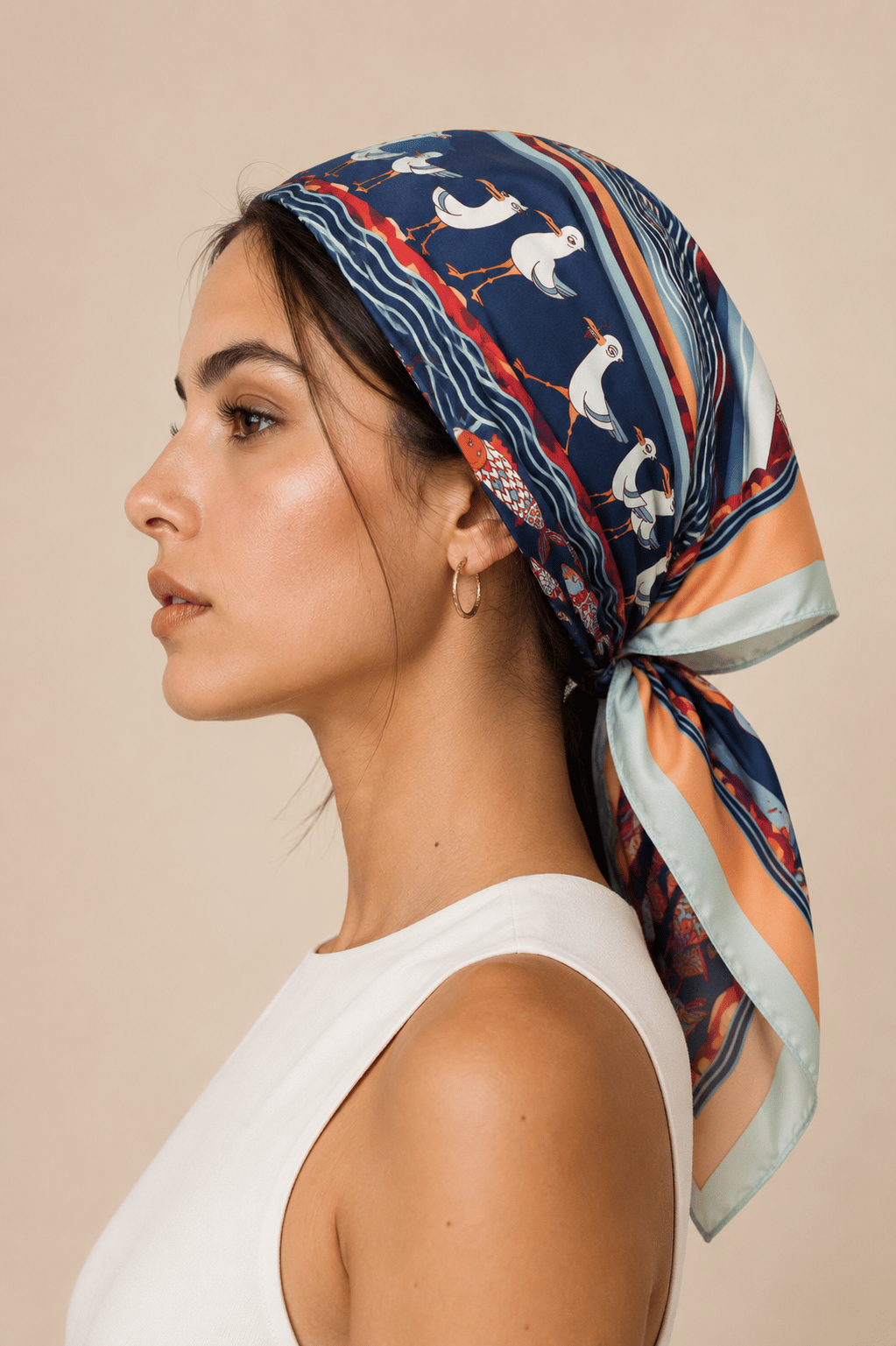 Kadın Kuşlu Dalga Desenli Saten Fular Bandana 56x56 cm - Mint Oranj