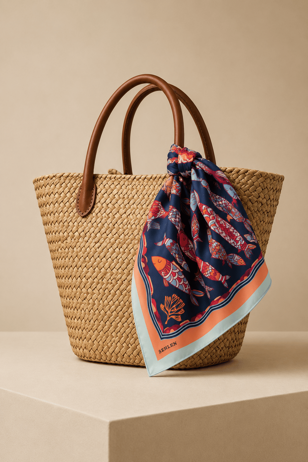 Kadın Kuşlu Dalga Desenli Saten Fular Bandana 56x56 cm - Mint Oranj
