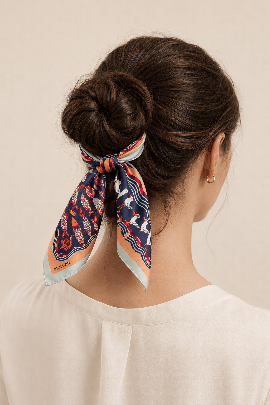 Kadın Kuşlu Dalga Desenli Saten Fular Bandana 56x56 cm - Mint Oranj