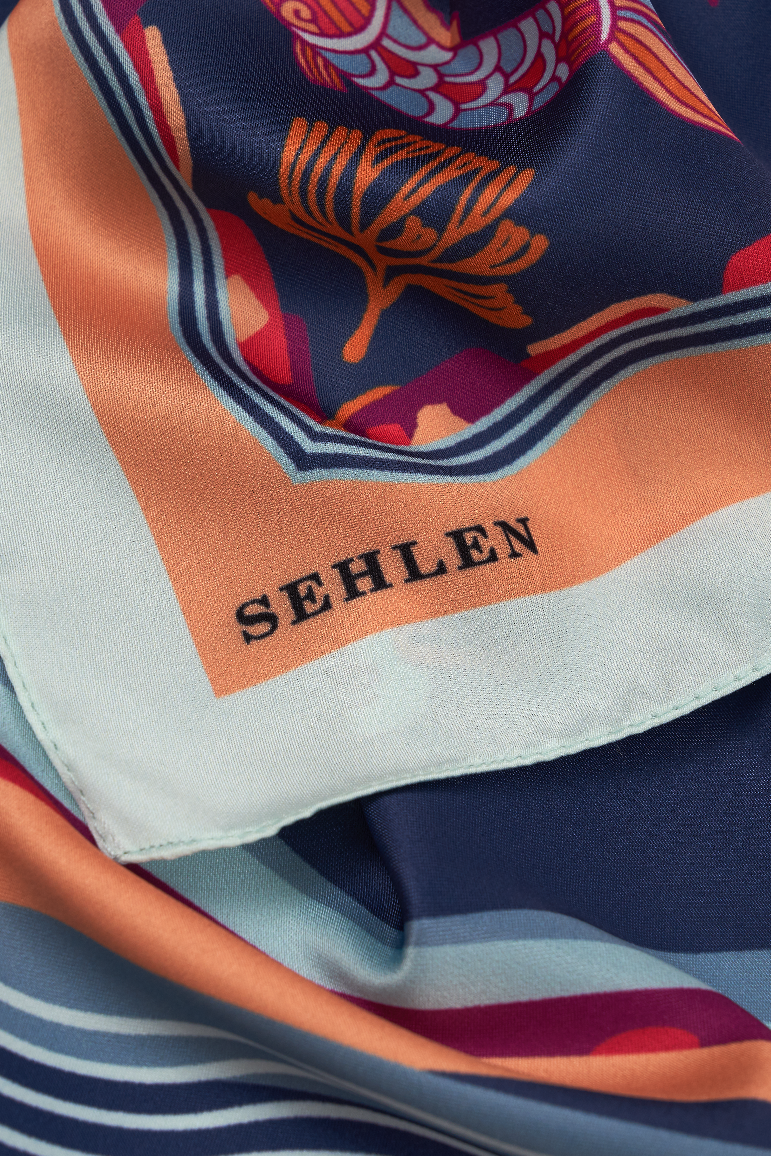Kadın Kuşlu Dalga Desenli Saten Fular Bandana 56x56 cm - Mint Oranj