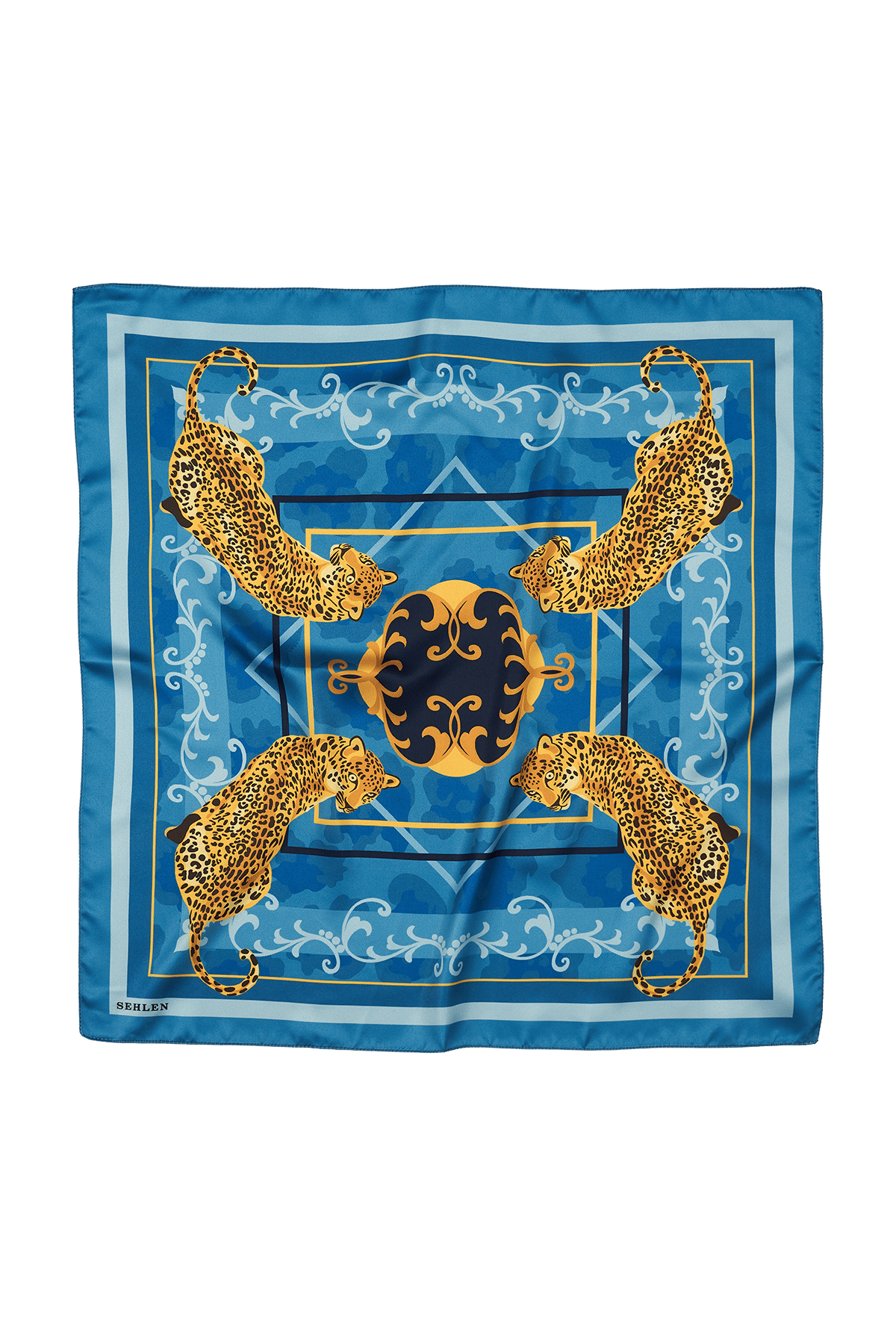 Kadın Leopar Madalyon Desenli Saten Fular Bandana 56x56 cm - Koyu Mint