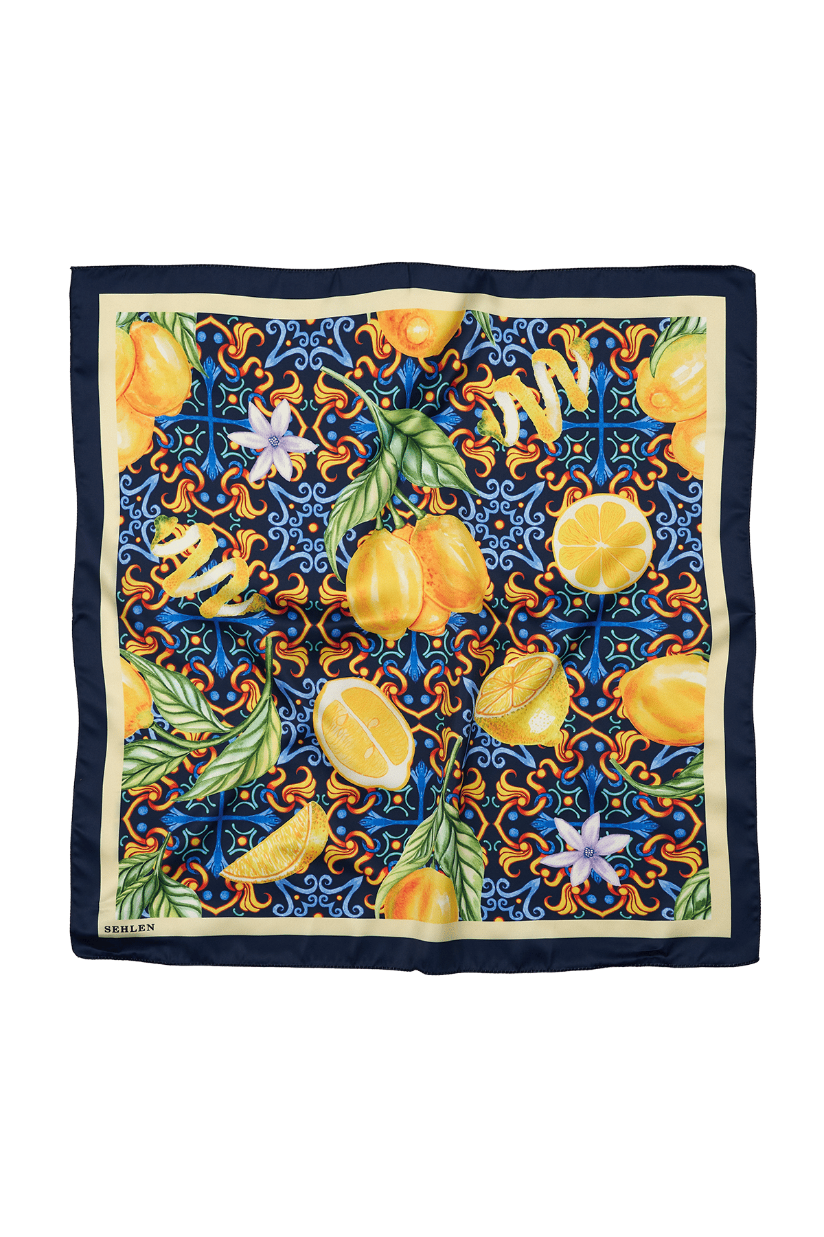 Kadın Limon Bahçesi Desenli Saten Fular Bandana 56x56 cm - Lacivert Sarı