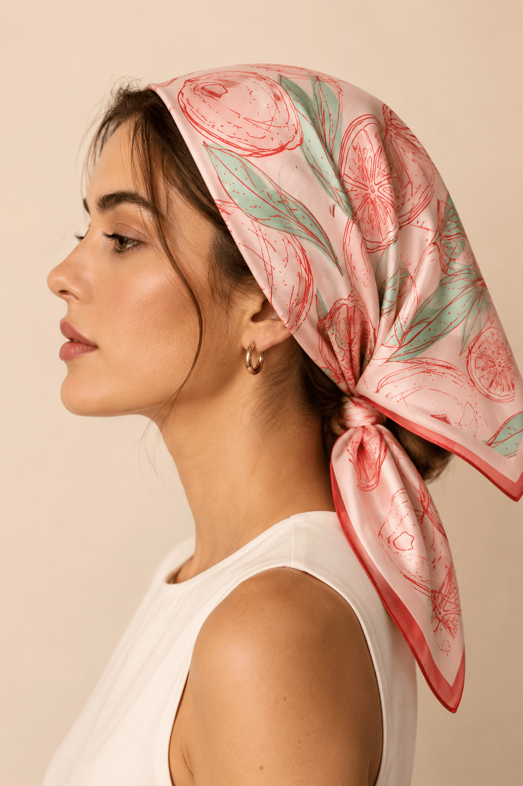 Kadın Limon Nane Desenli Saten Fular Bandana 56x56 cm - Pudra Pembe