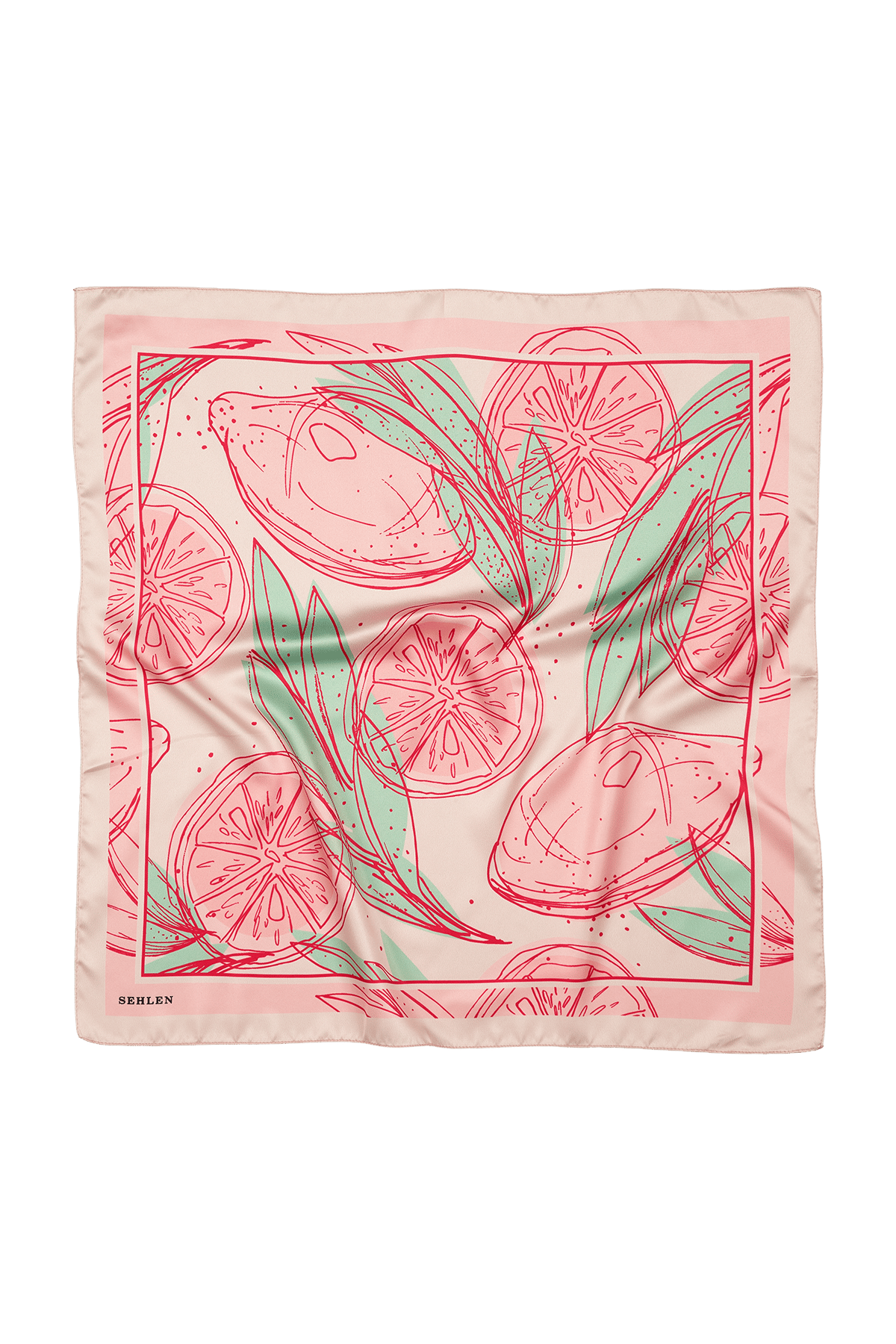 Kadın Limon Nane Desenli Saten Fular Bandana 56x56 cm - Pudra Pembe