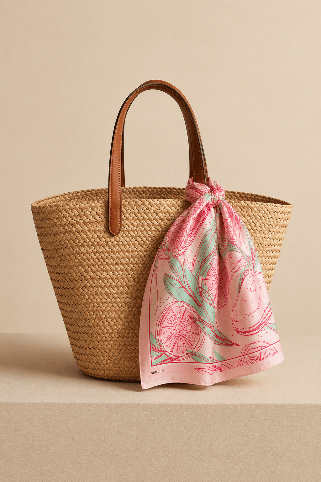 Kadın Limon Nane Desenli Saten Fular Bandana 56x56 cm - Pudra Pembe
