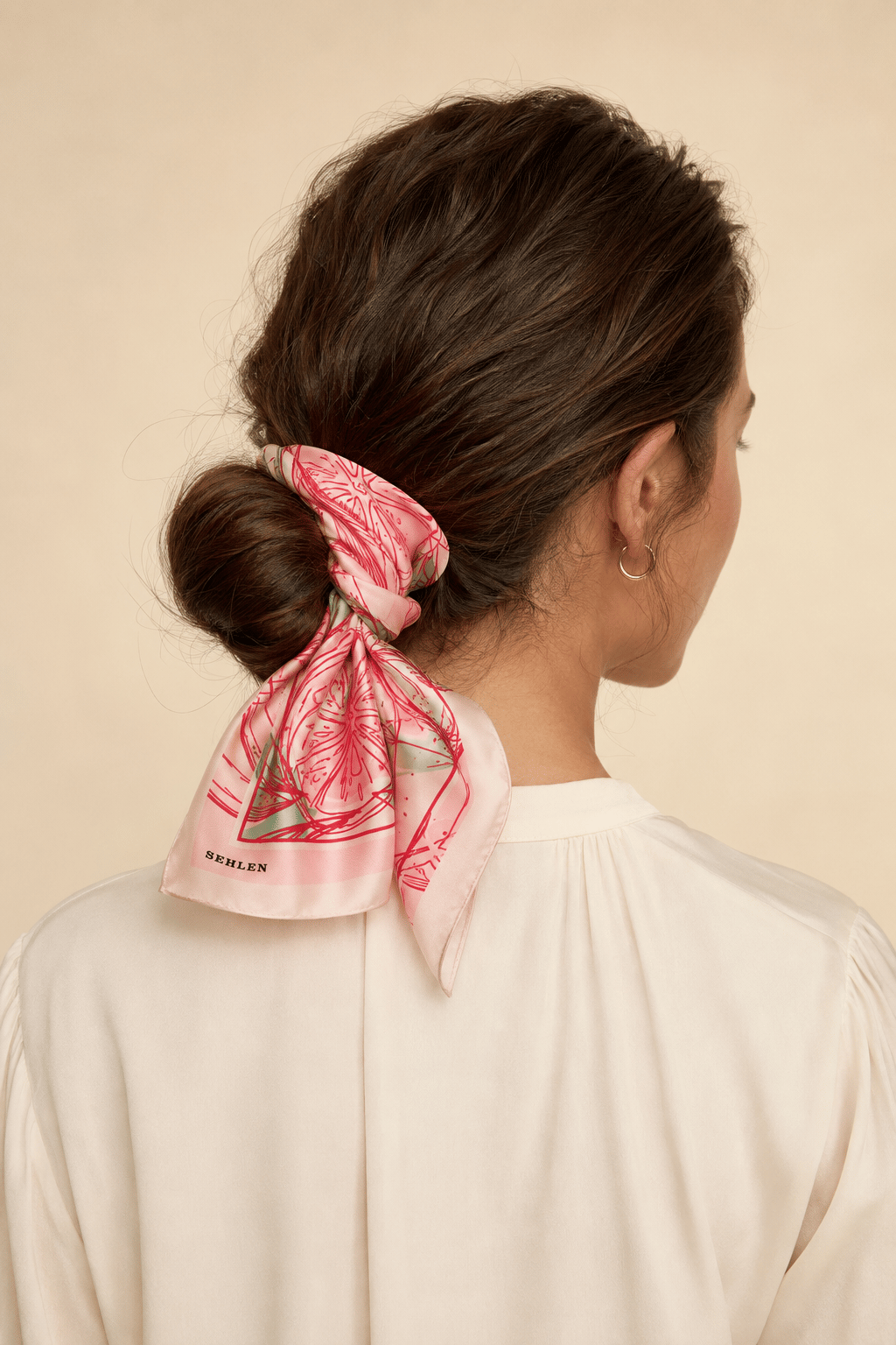Kadın Limon Nane Desenli Saten Fular Bandana 56x56 cm - Pudra Pembe