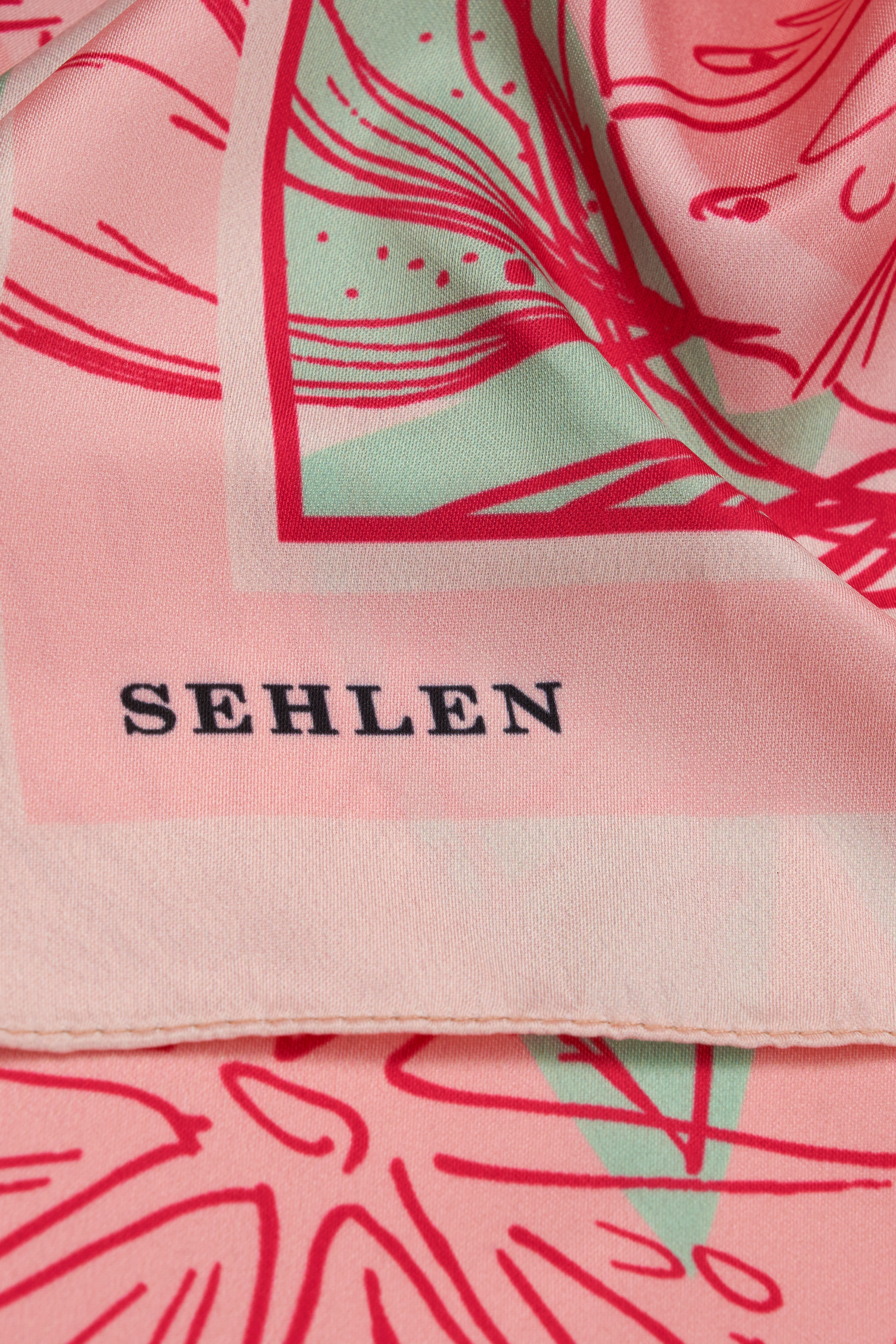 Kadın Limon Nane Desenli Saten Fular Bandana 56x56 cm - Pudra Pembe