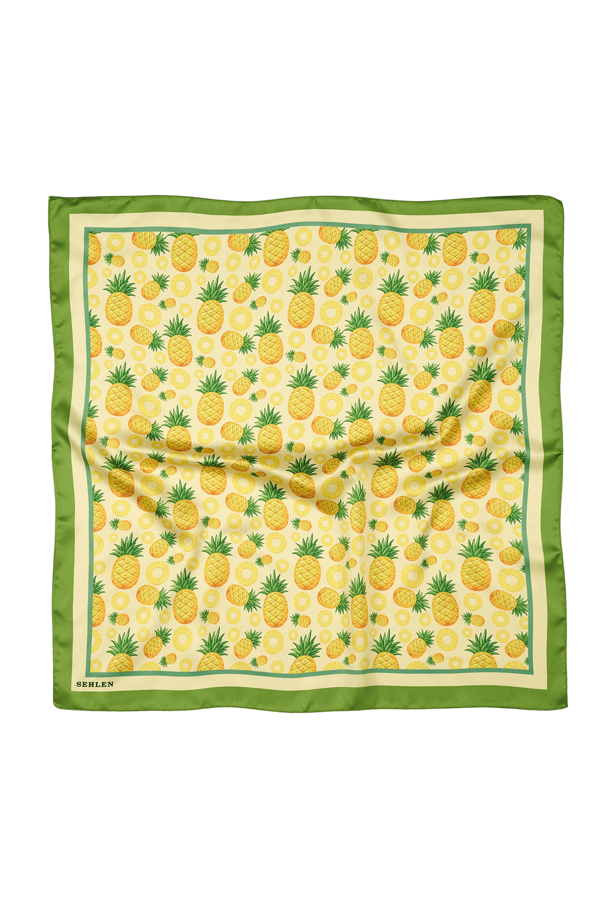 Kadın Mini Ananas Desenli Saten Fular Bandana 56x56 cm - Fıstık Yeşil