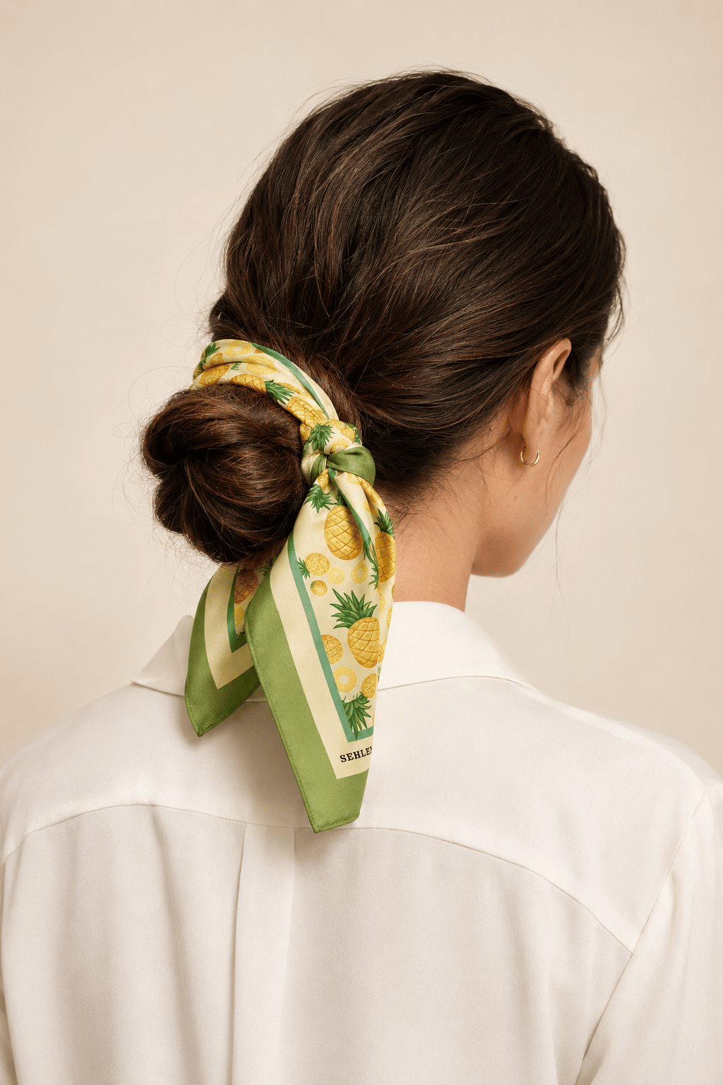 Kadın Mini Ananas Desenli Saten Fular Bandana 56x56 cm - Fıstık Yeşil