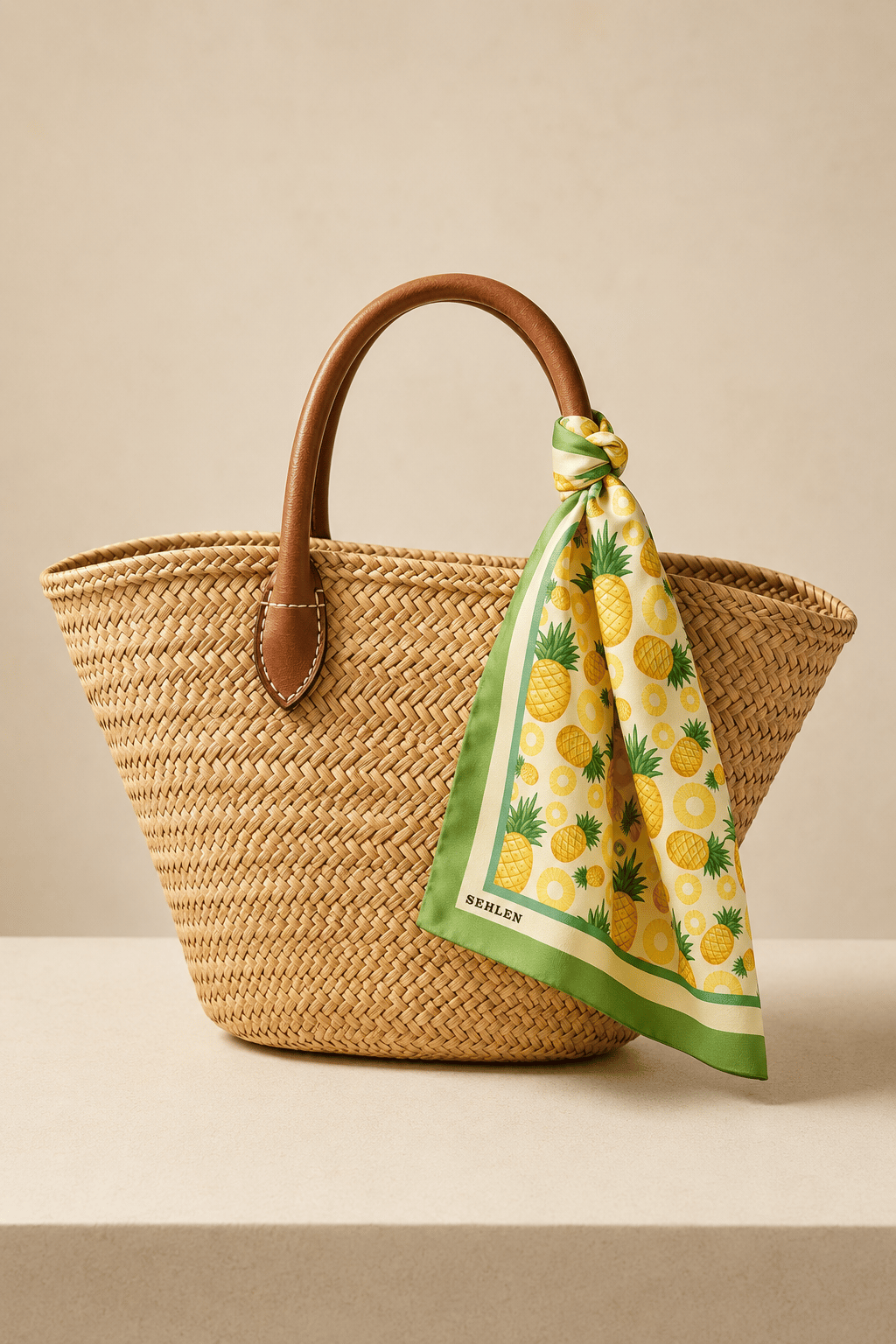 Kadın Mini Ananas Desenli Saten Fular Bandana 56x56 cm - Fıstık Yeşil