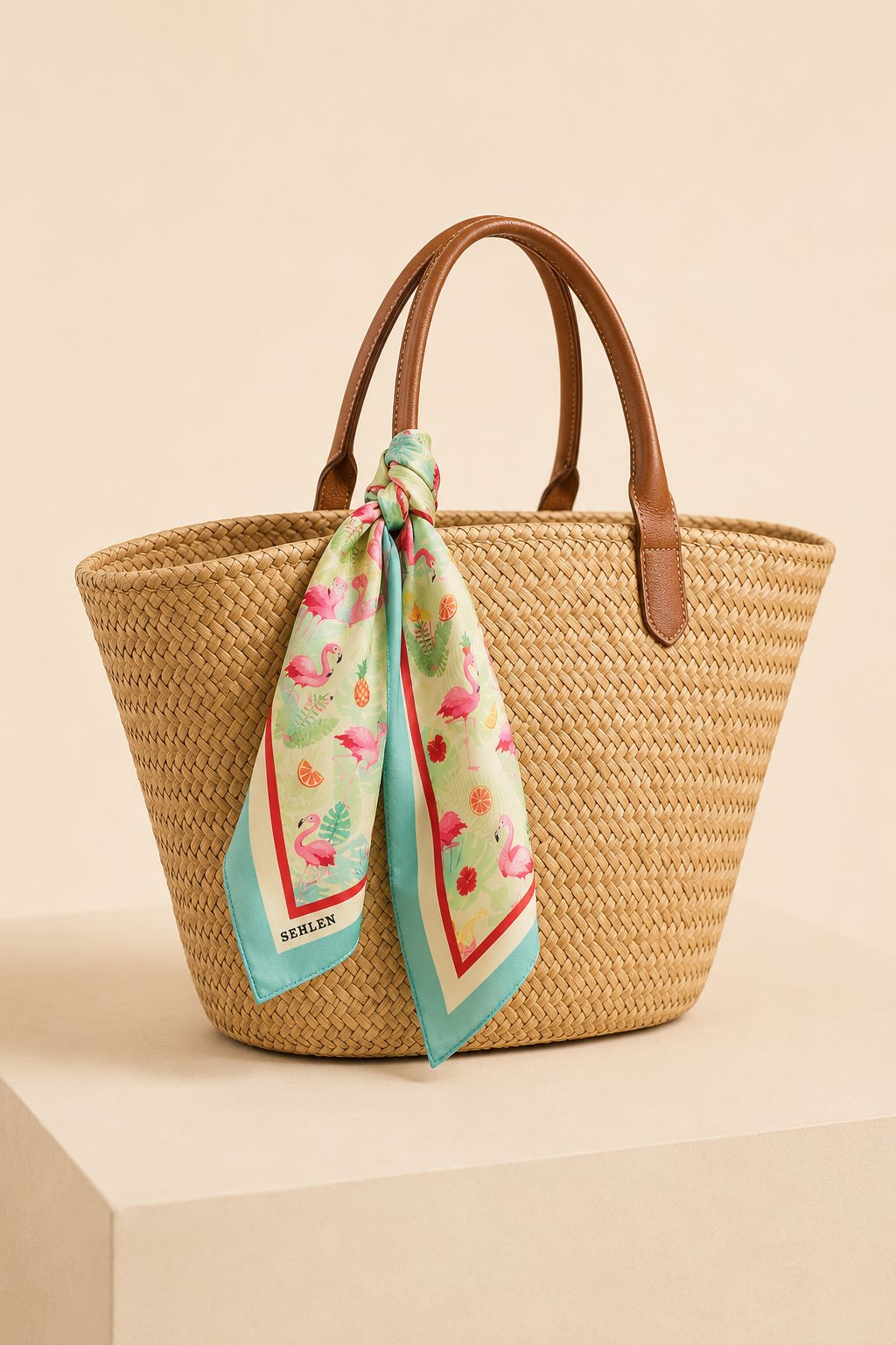 Kadın Mini Tropik Desenli Saten Fular Bandana 56x56 cm - Canlı Yeşil