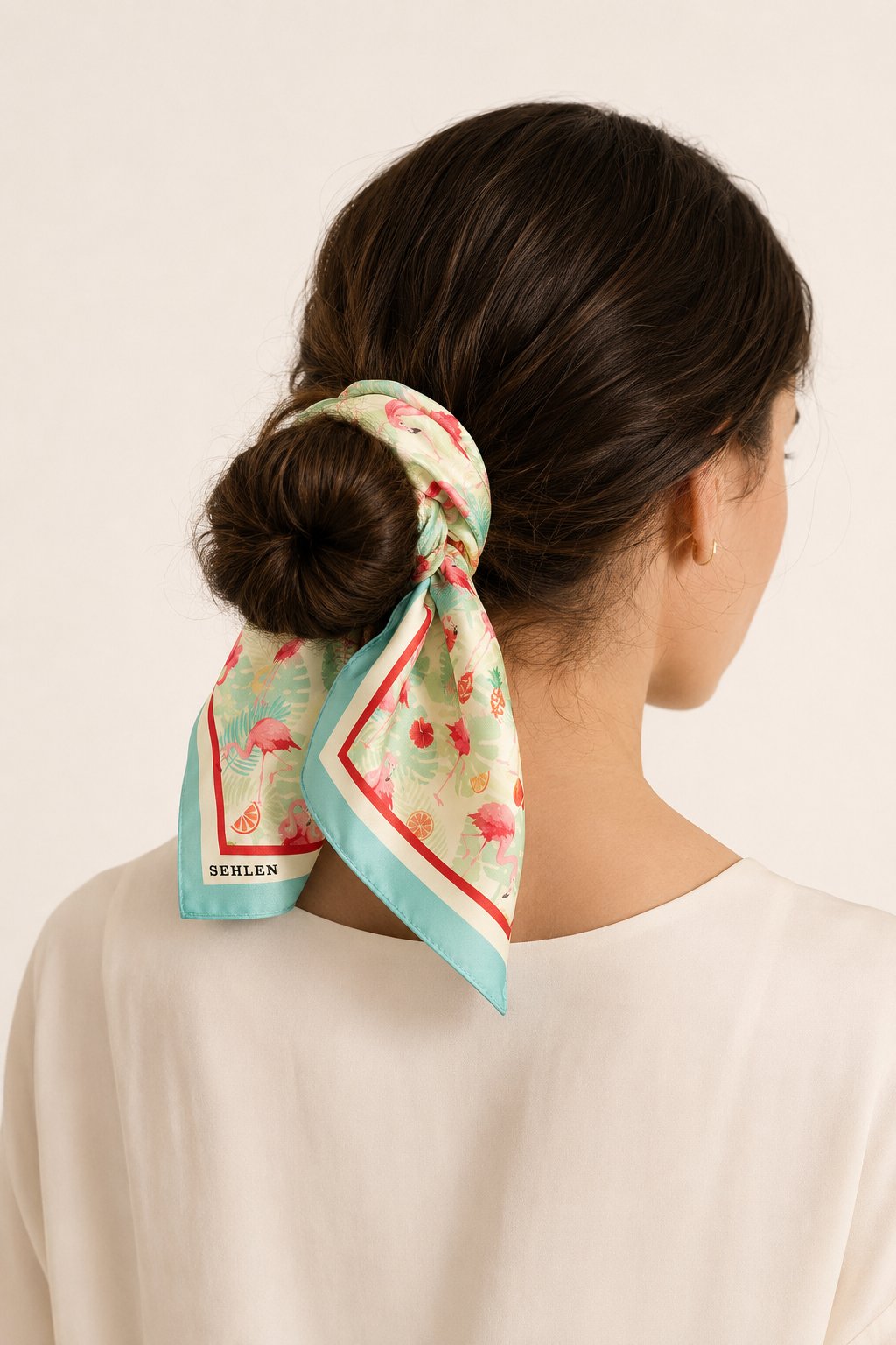 Kadın Mini Tropik Desenli Saten Fular Bandana 56x56 cm - Canlı Yeşil