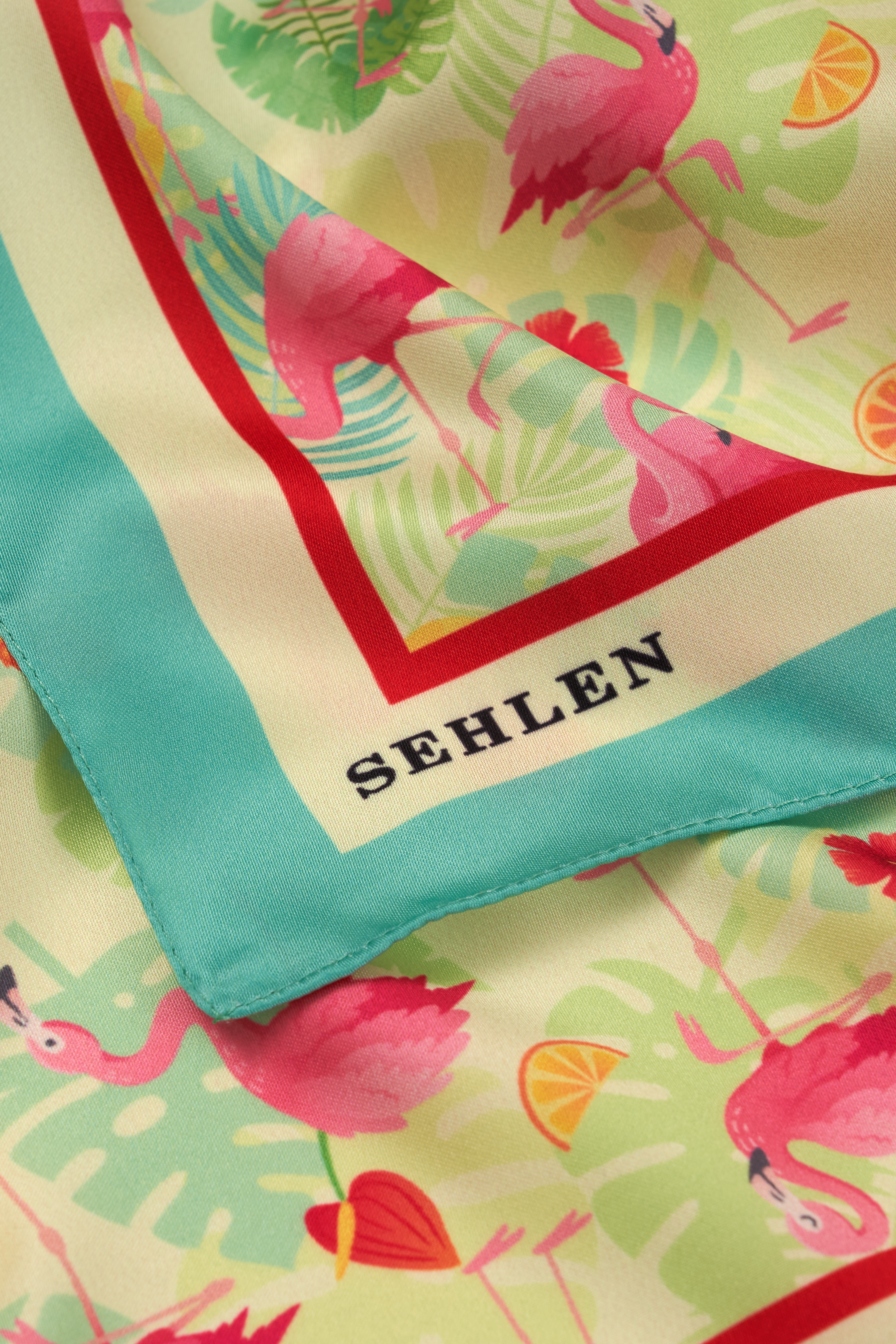Kadın Mini Tropik Desenli Saten Fular Bandana 56x56 cm - Canlı Yeşil