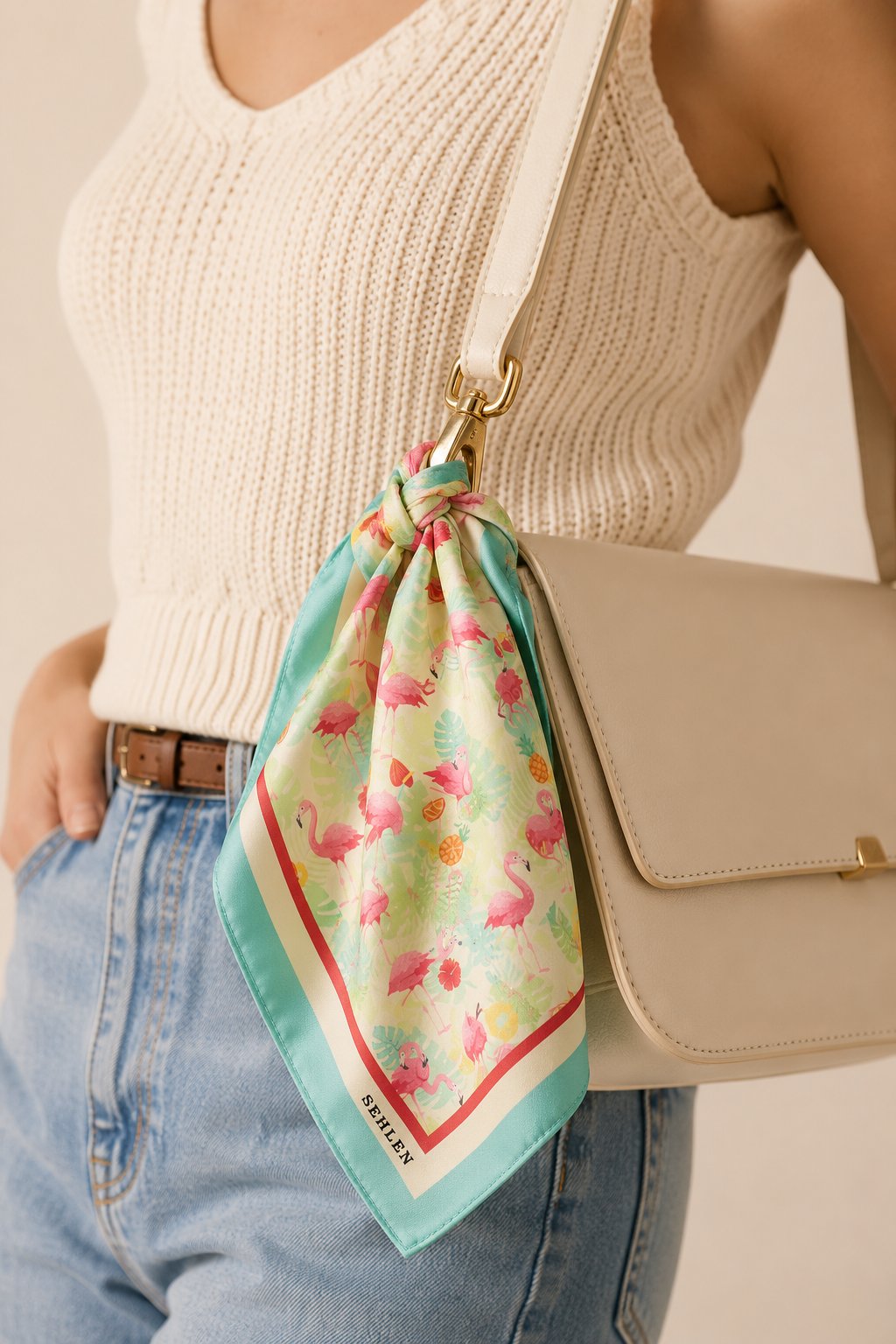 Kadın Mini Tropik Desenli Saten Fular Bandana 56x56 cm - Canlı Yeşil