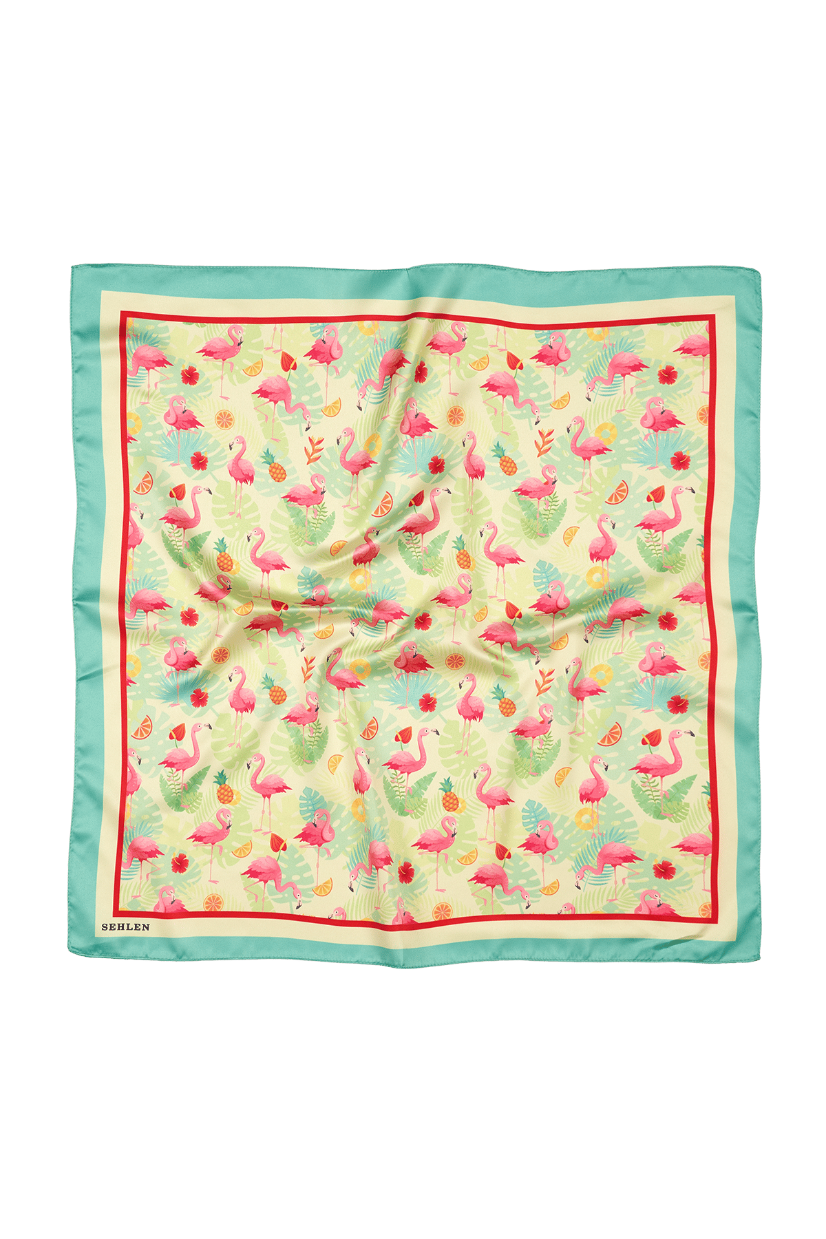 Kadın Mini Tropik Desenli Saten Fular Bandana 56x56 cm - Canlı Yeşil