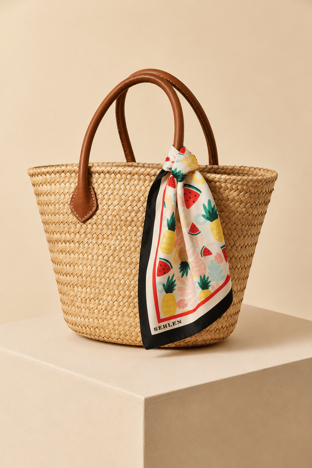 Kadın Mini Tropikal Meyve Desenli Saten Fular Bandana 56x56 cm - Siyah Renkli
