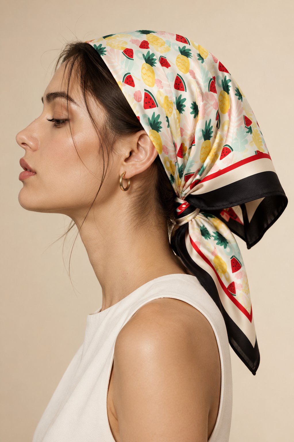 Kadın Mini Tropikal Meyve Desenli Saten Fular Bandana 56x56 cm - Siyah Renkli