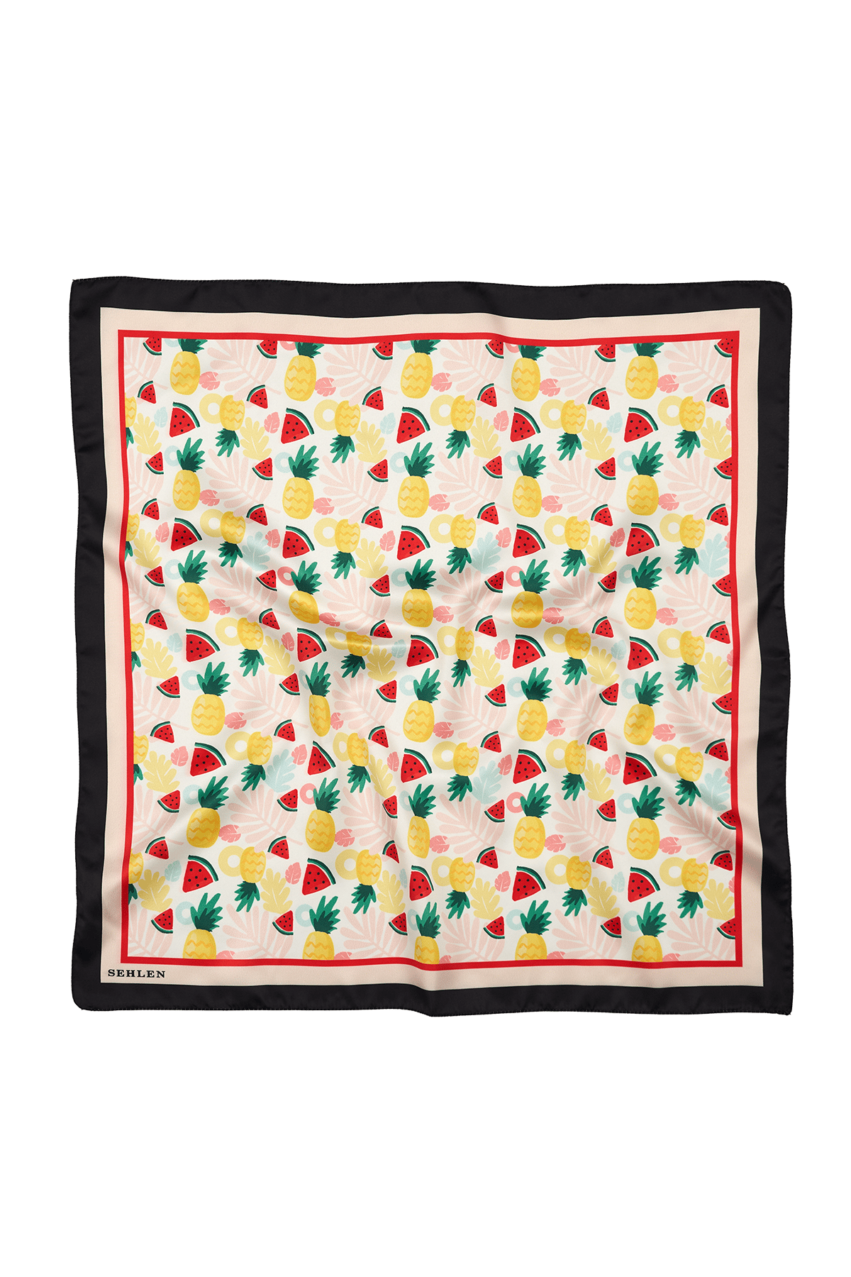 Kadın Mini Tropikal Meyve Desenli Saten Fular Bandana 56x56 cm - Siyah Renkli