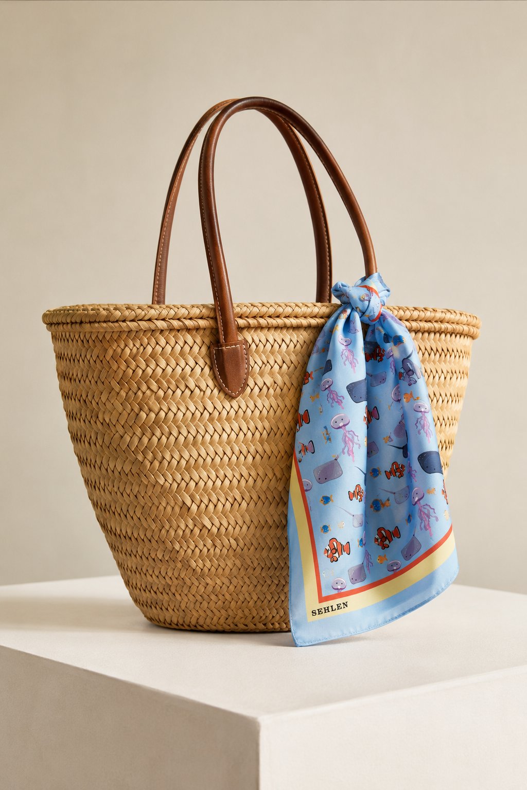 Kadın Pastel Mozaik Desenli Saten Fular Bandana 56x56 cm - Bebe Mavi