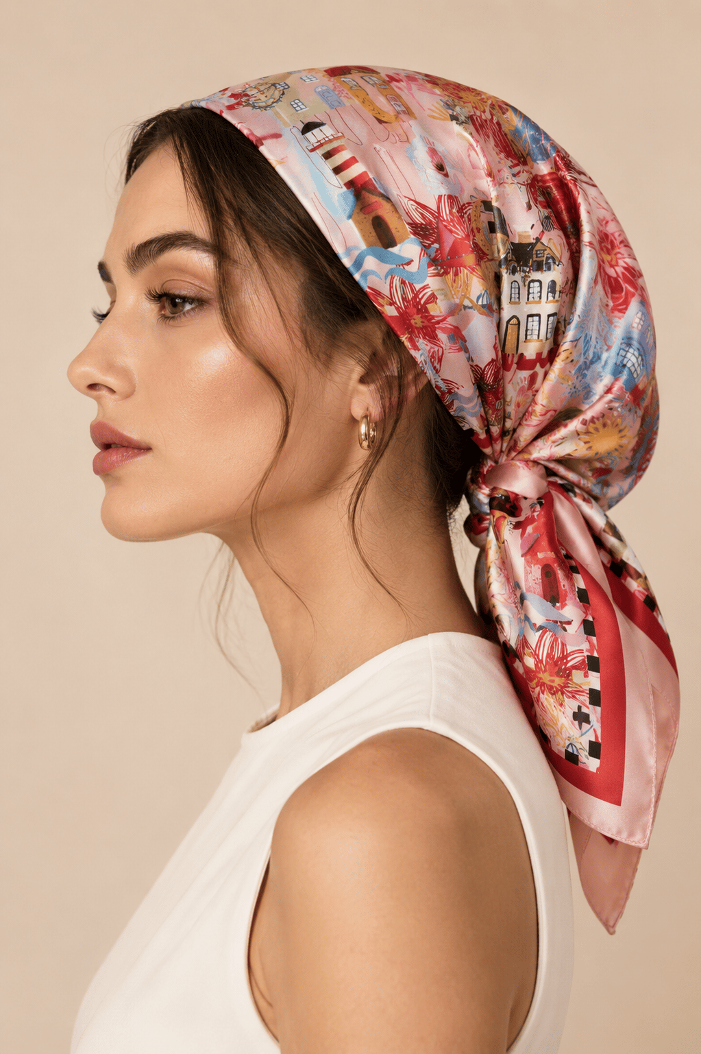 Kadın Şehir Kolajı Desenli Saten Fular Bandana 56x56 cm - Somon