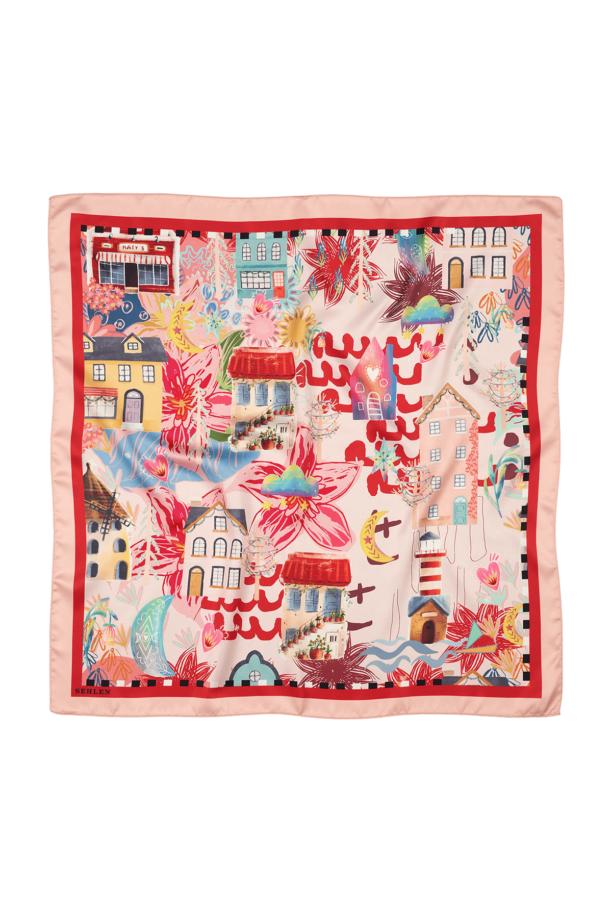 Kadın Şehir Kolajı Desenli Saten Fular Bandana 56x56 cm - Somon