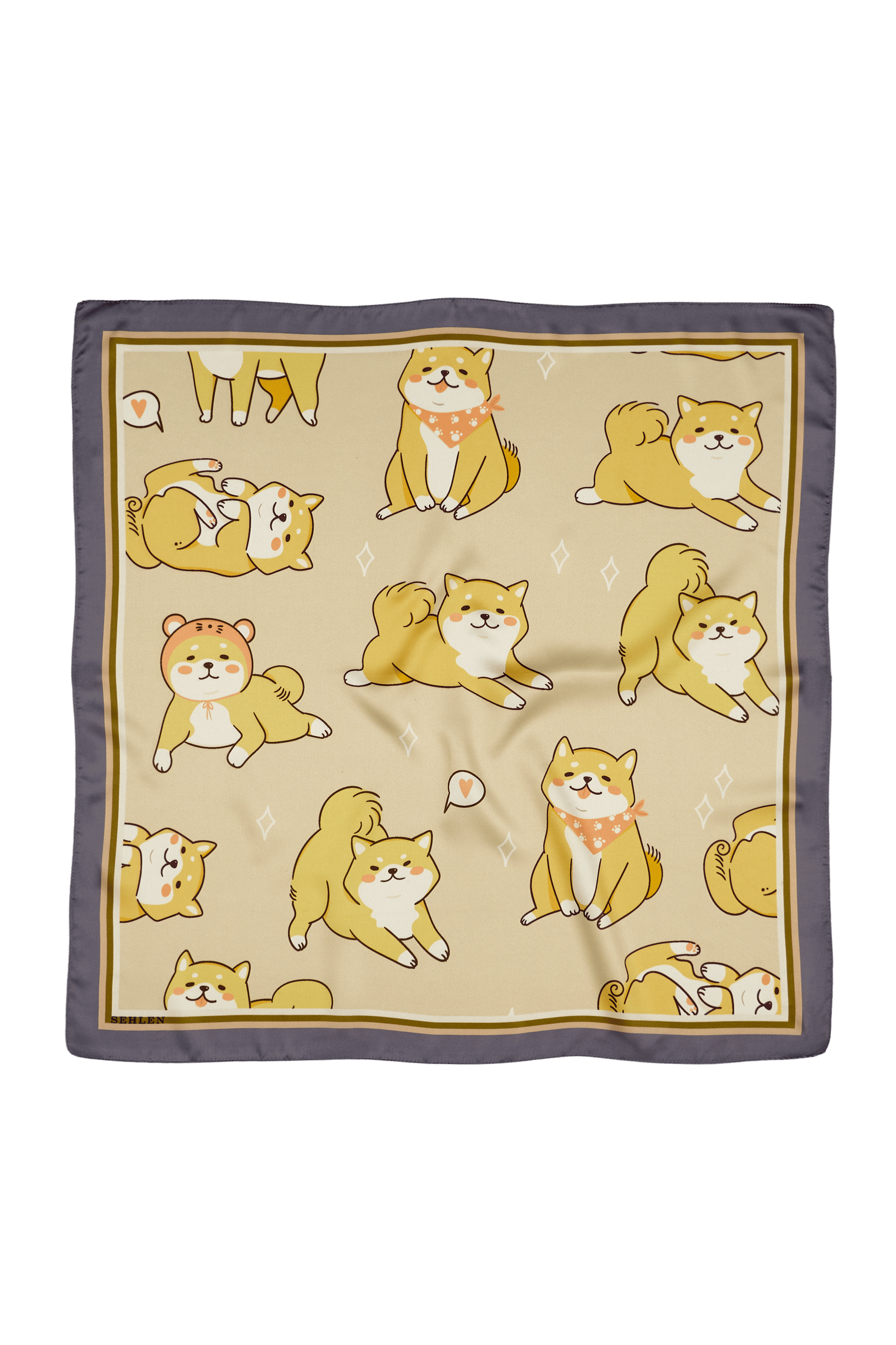 Kadın Shiba Köpekleri Desenli Saten Fular Bandana 55x55 cm - Koyu Taş Bej