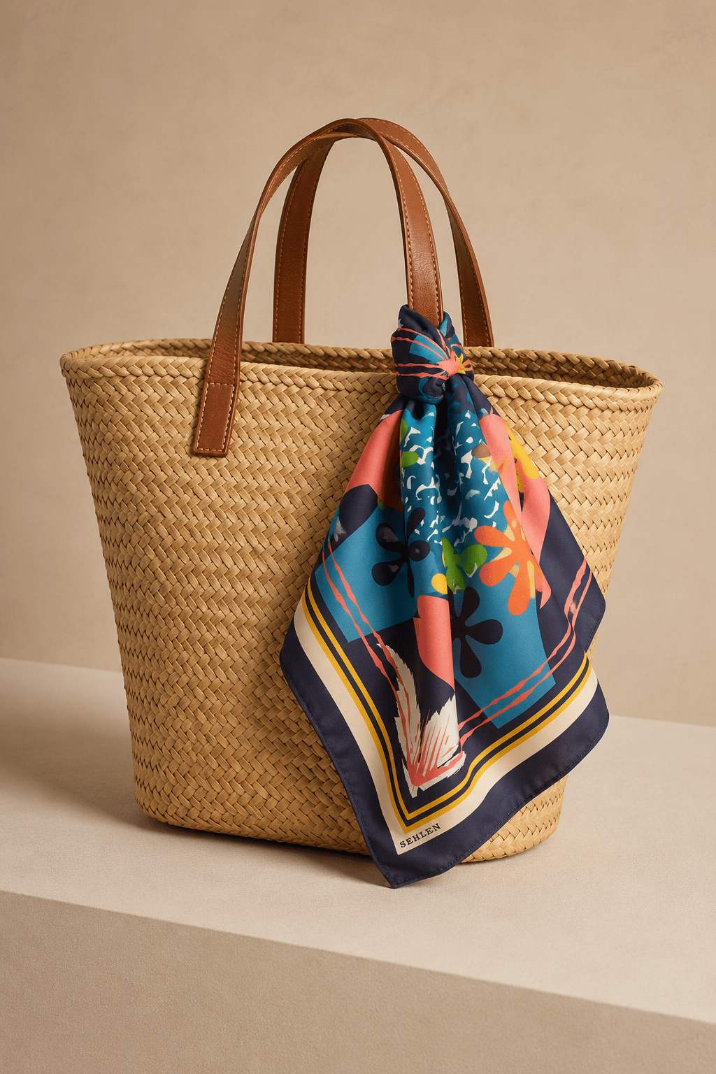 Kadın Soyut Çiçek Desenli Saten Fular Bandana 56x56 cm - Füme