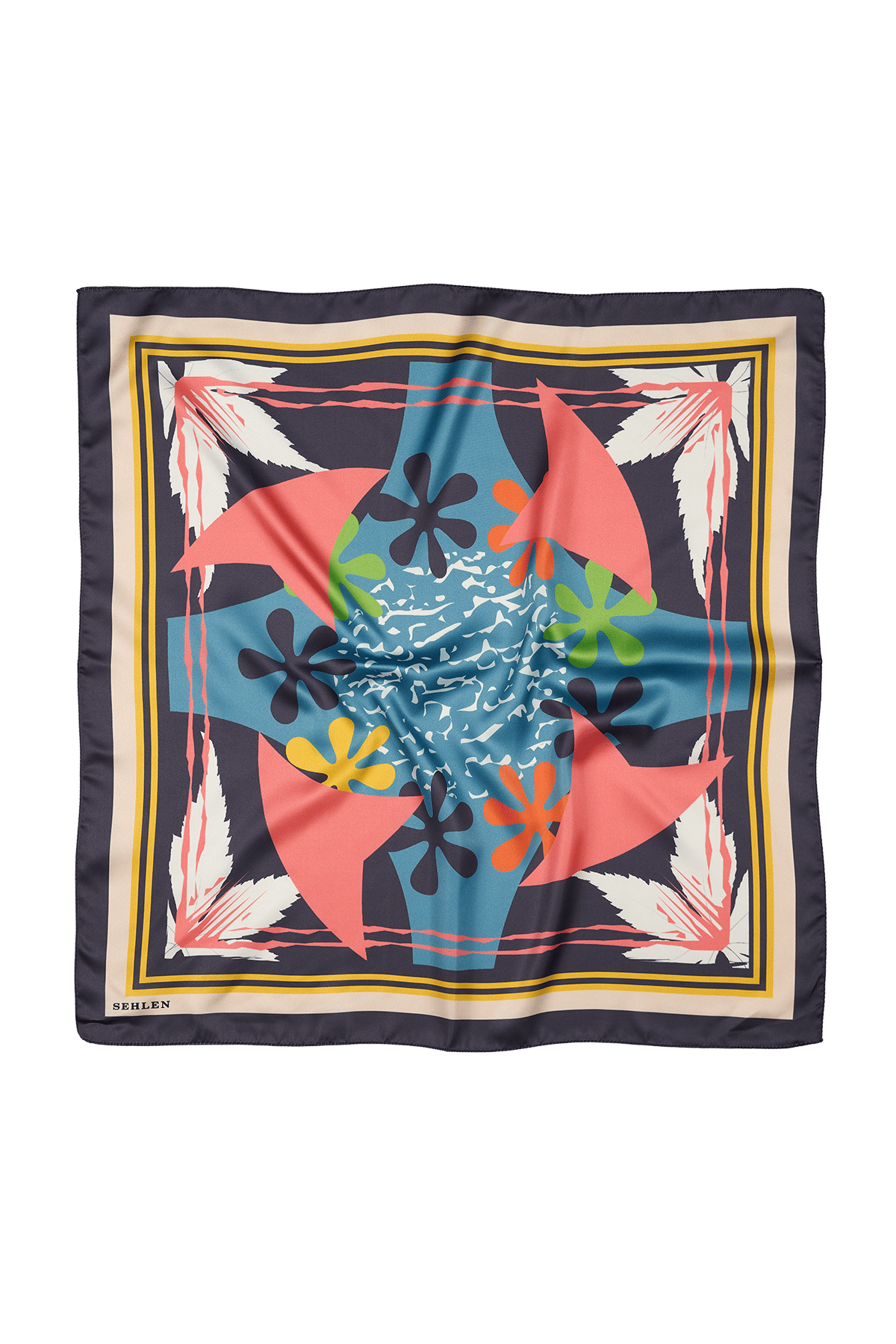 Kadın Soyut Çiçek Desenli Saten Fular Bandana 56x56 cm - Füme