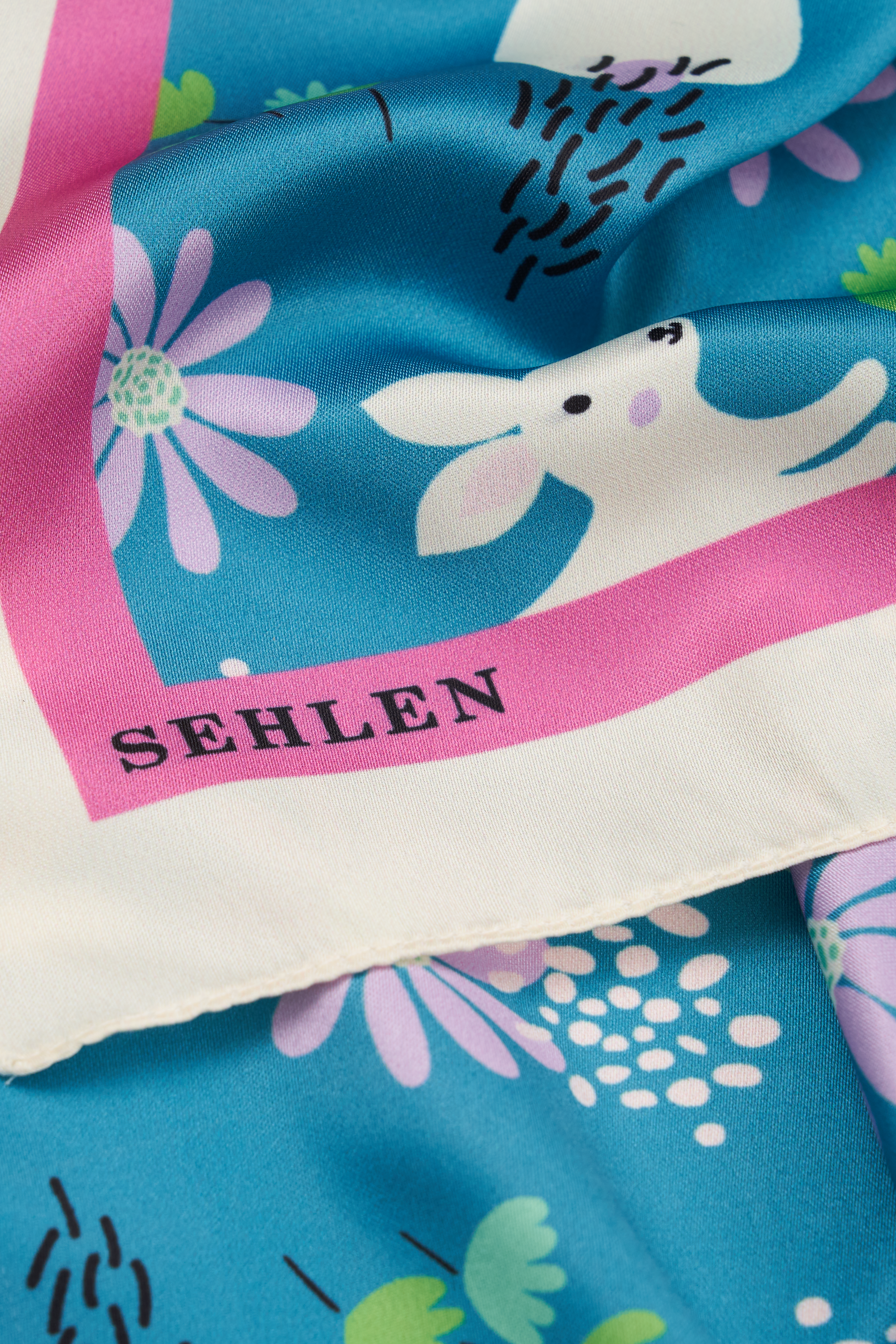 Kadın Tavşan Bahçesi Desenli Saten Fular Bandana 56x56 cm - Krem Koyu Mint