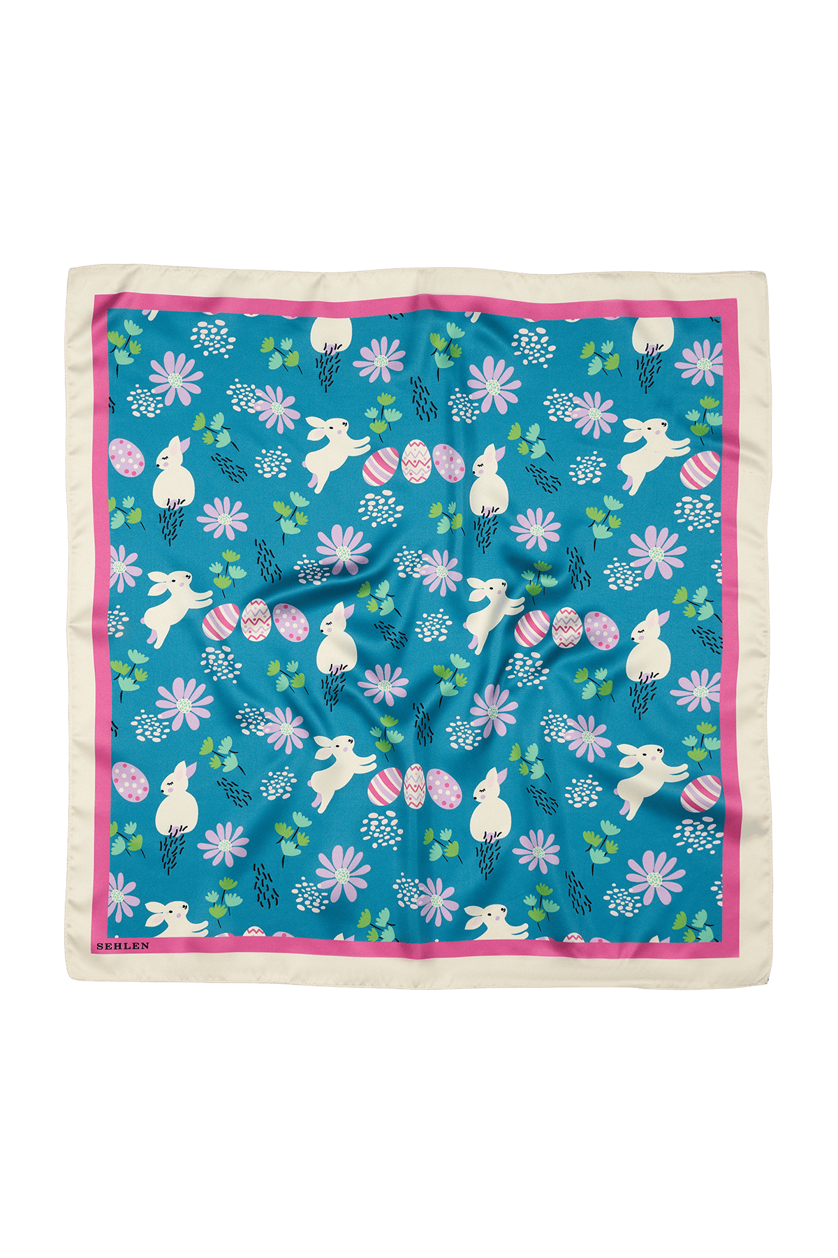 Kadın Tavşan Bahçesi Desenli Saten Fular Bandana 56x56 cm - Krem Koyu Mint