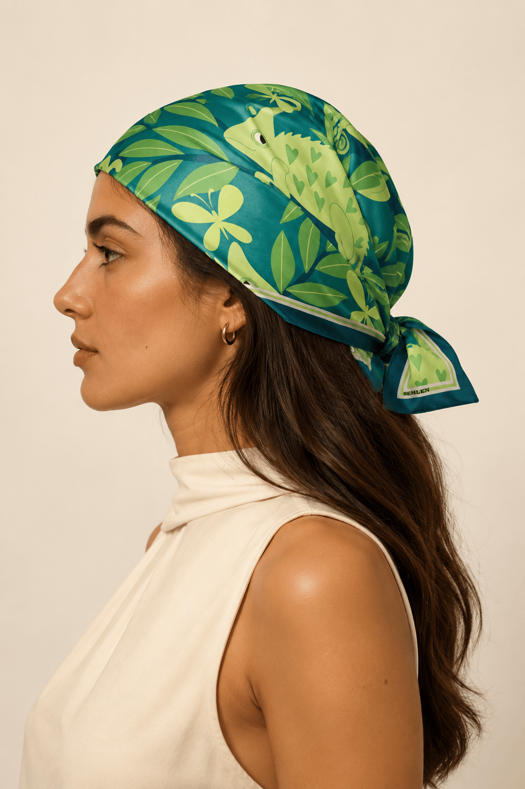 Kadın Tropik Bukalemun Desenli Saten Fular Bandana 55x55 cm - Petrol Canlı Yeşil