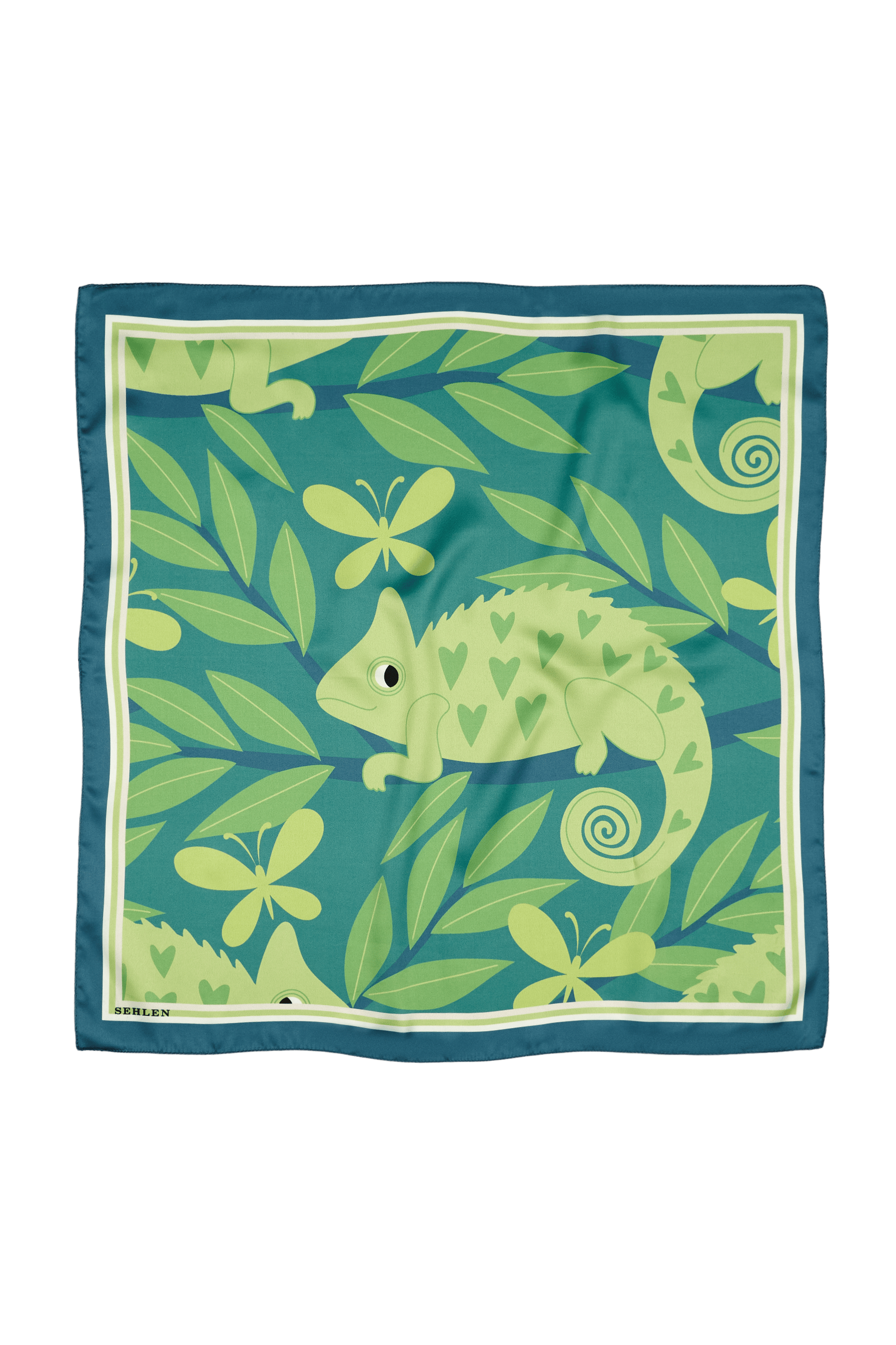 Kadın Tropik Bukalemun Desenli Saten Fular Bandana 55x55 cm - Petrol Canlı Yeşil