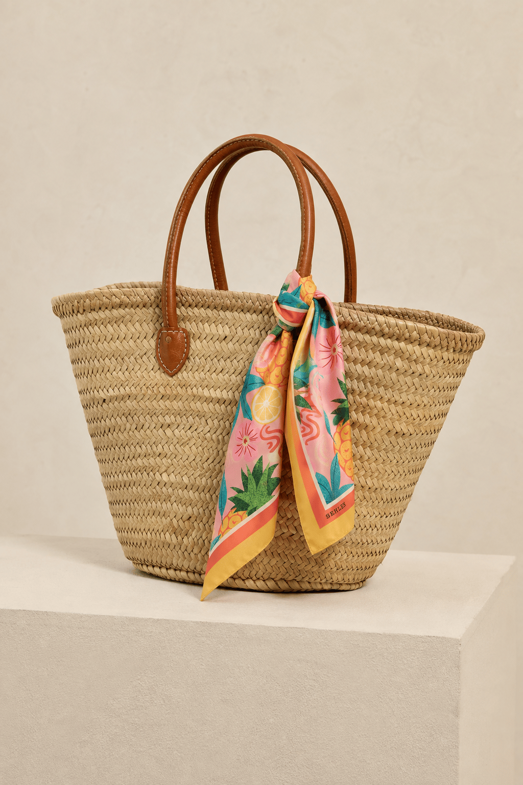Kadın Tropikal Ananas Desenli Saten Fular Bandana 56x56 cm - Hardal