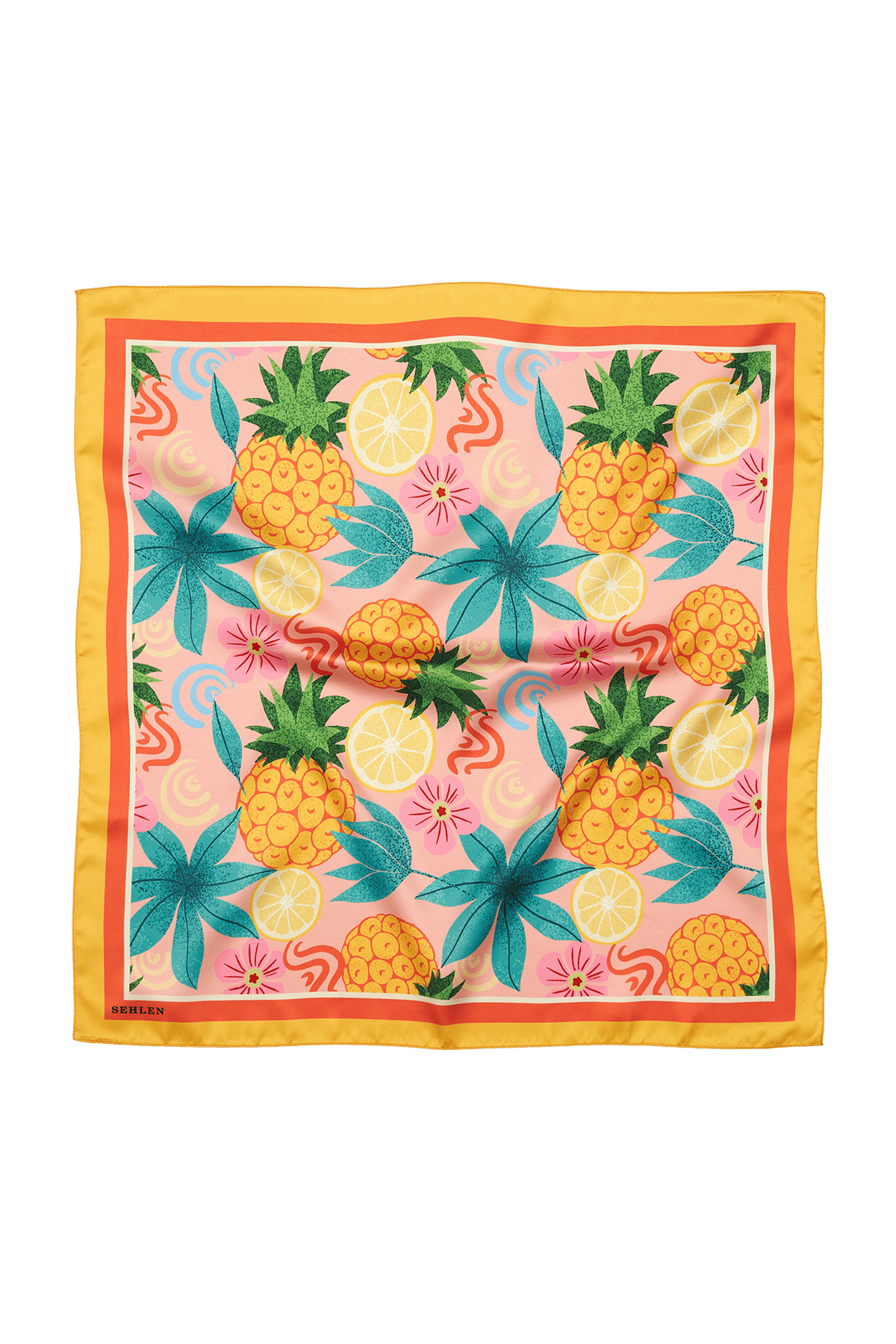 Kadın Tropikal Ananas Desenli Saten Fular Bandana 56x56 cm - Hardal