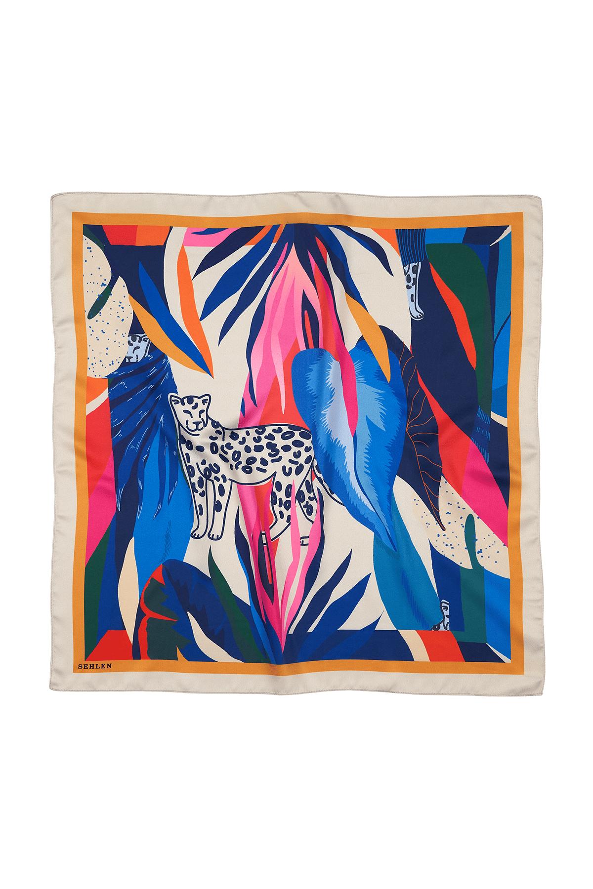 Kadın Tropikal Leopar Desenli Saten Fular Bandana 56x56 cm - Açık Taş Renkli