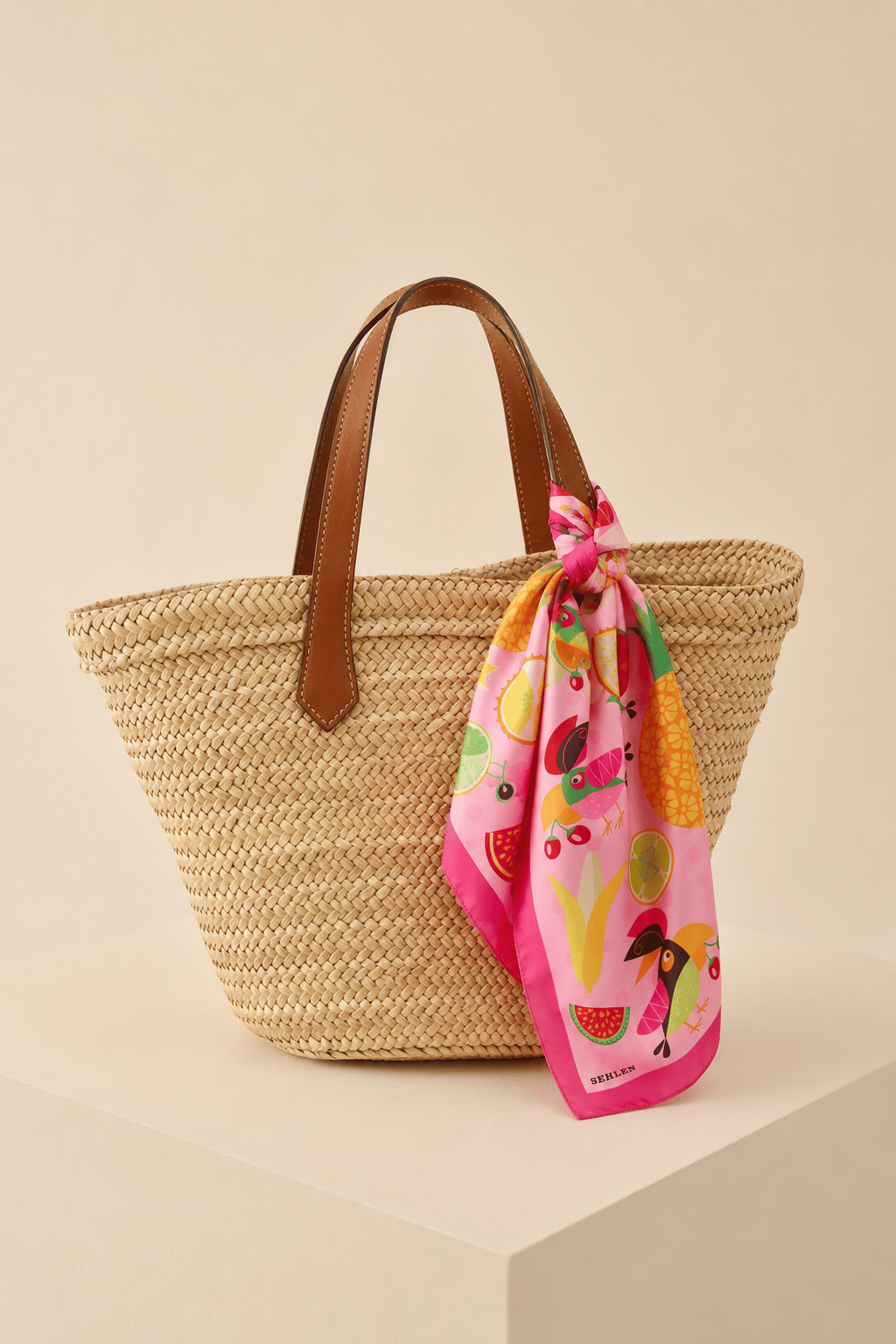 Kadın Tropikal Meyveler Desenli Saten Fular Bandana 56x56 cm - Şeker Pembe